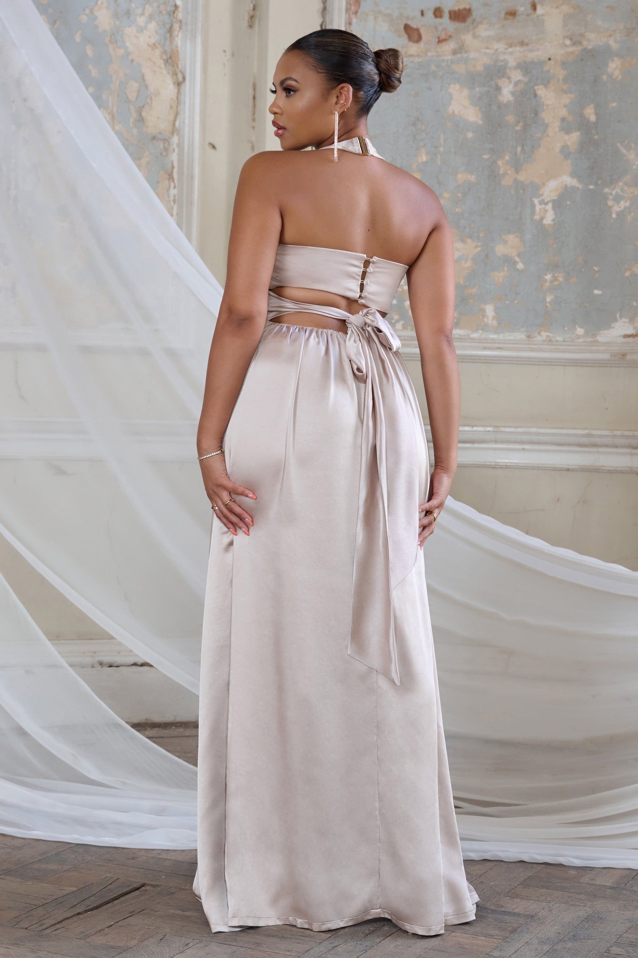 Darling | Champagne Satin Halter Neck Bow Back Thigh Split Maxi Dress sold by Club L London product image thumbnail 2