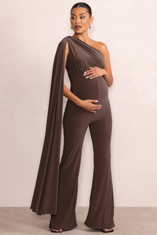 Sing To Sleep | Chocolate Maternity One Shoulder Cape Jumpsuit sold by Club L London