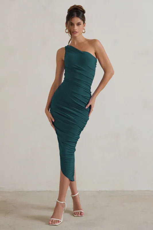 Dorit | Bottle Green One Shoulder Asymmetric Ruched Midi Dress sold by Club L London