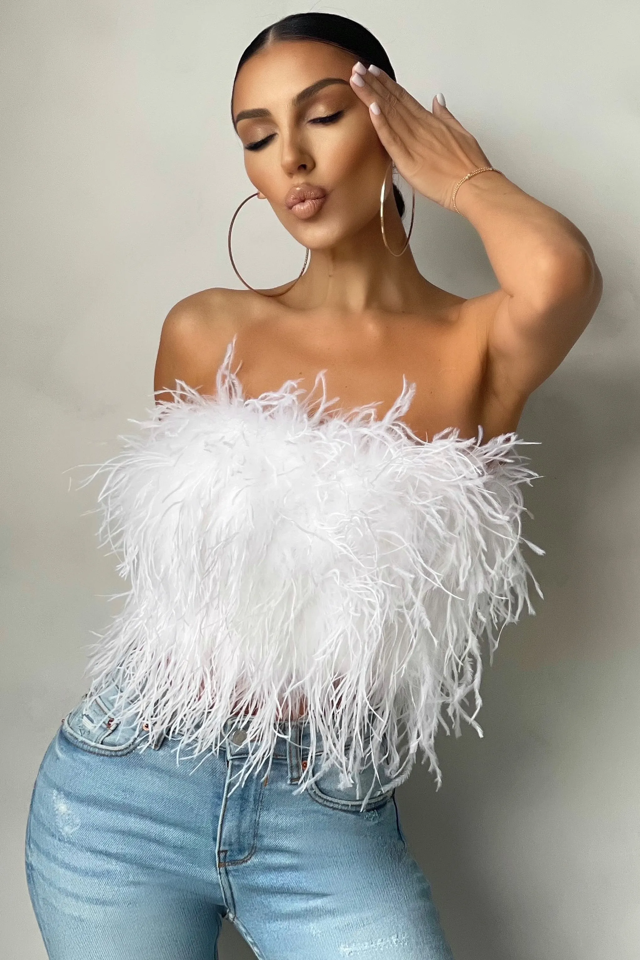 Dream Daze | White Feather Bandeau Crop Top sold by Club L London product image thumbnail 4