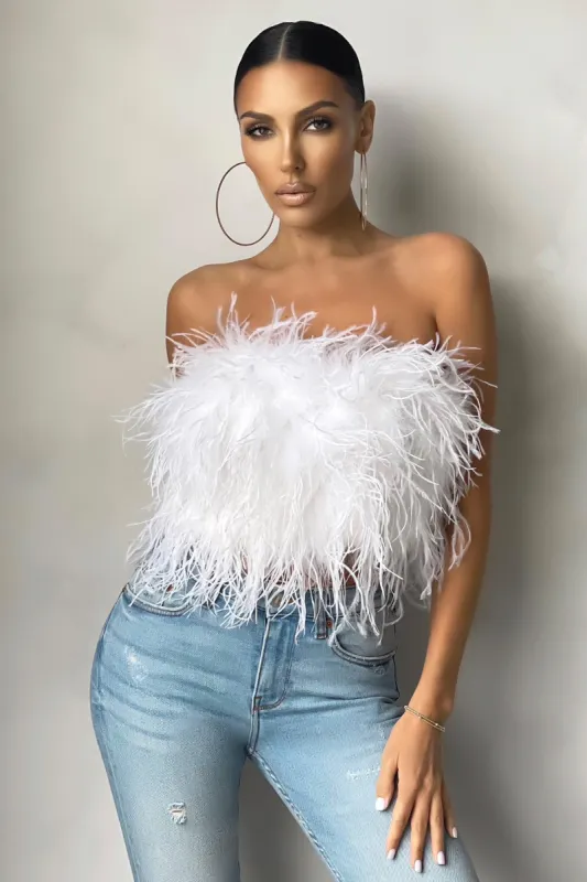 Dream Daze | White Feather Bandeau Crop Top sold by Club L London