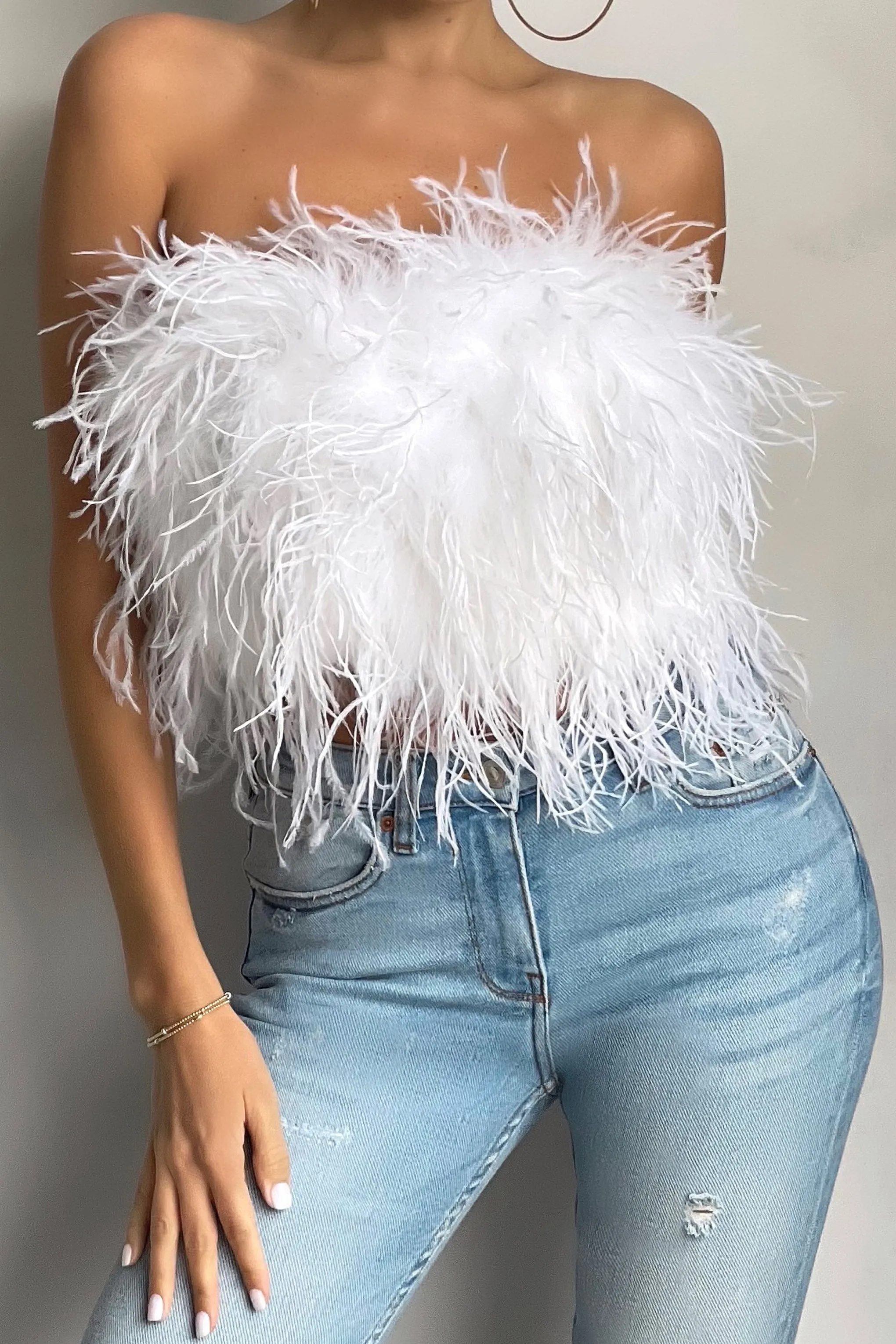 Dream Daze | White Feather Bandeau Crop Top sold by Club L London product image thumbnail 3