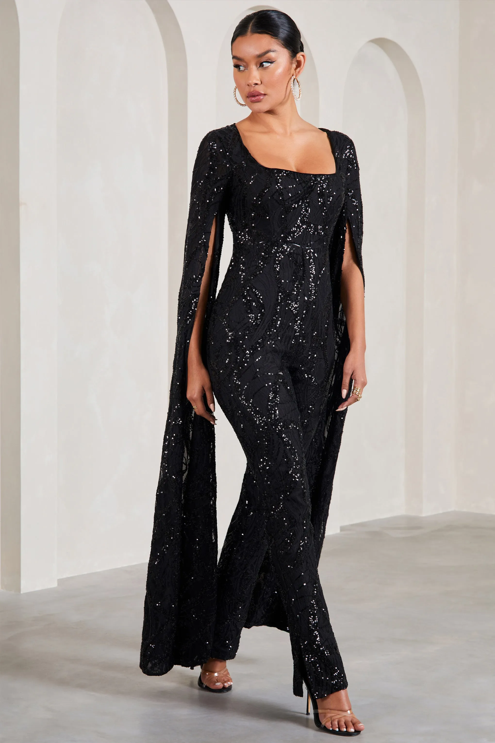 Cher | Black Sequin Lace Square-Neck Jumpsuit With Cape Sleeves sold by Club L London product image thumbnail 5