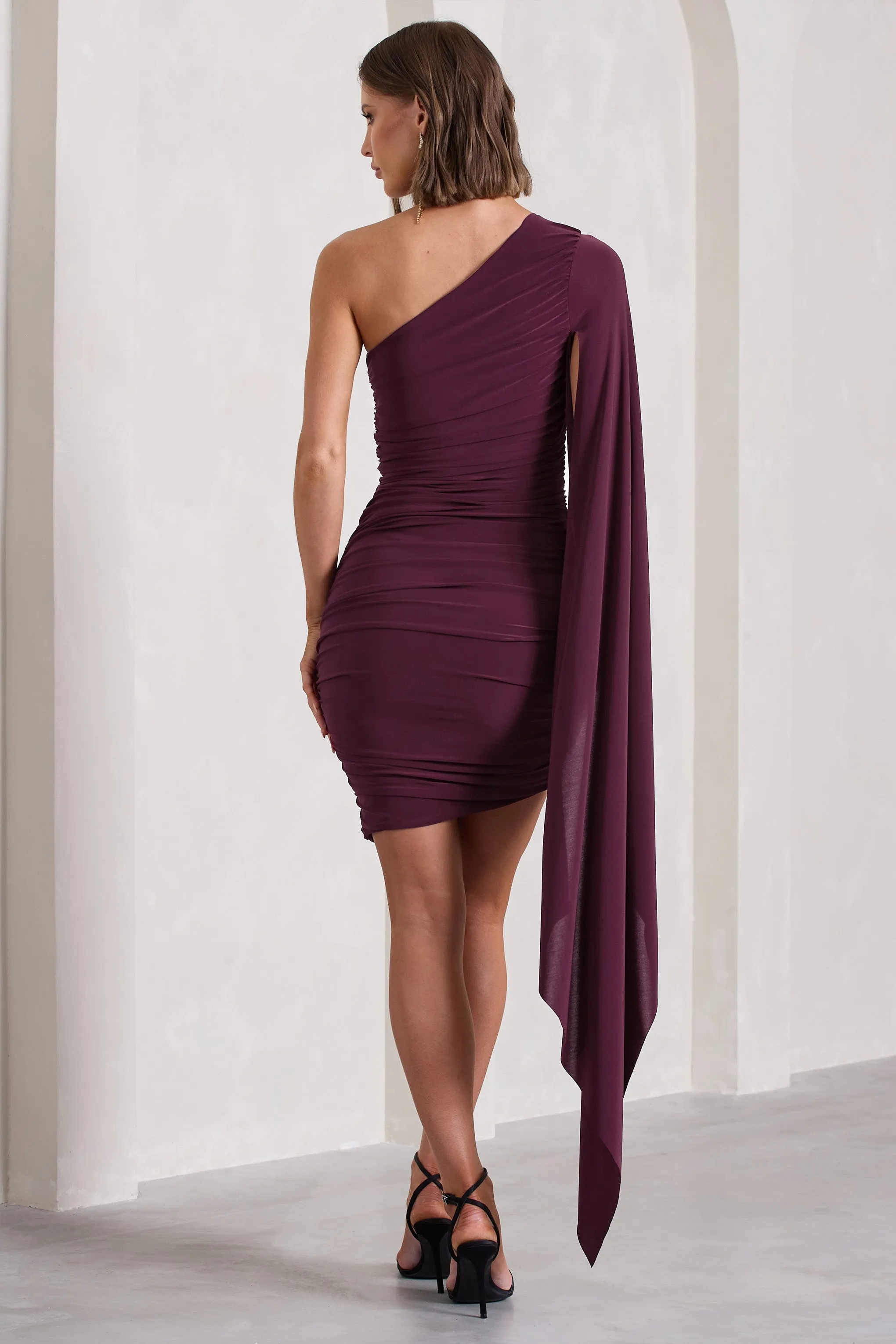 Palmer | Burgundy Ruched One-Shoulder Asymmetric Mini Dress With Cape Sleeve sold by Club L London product image thumbnail 2