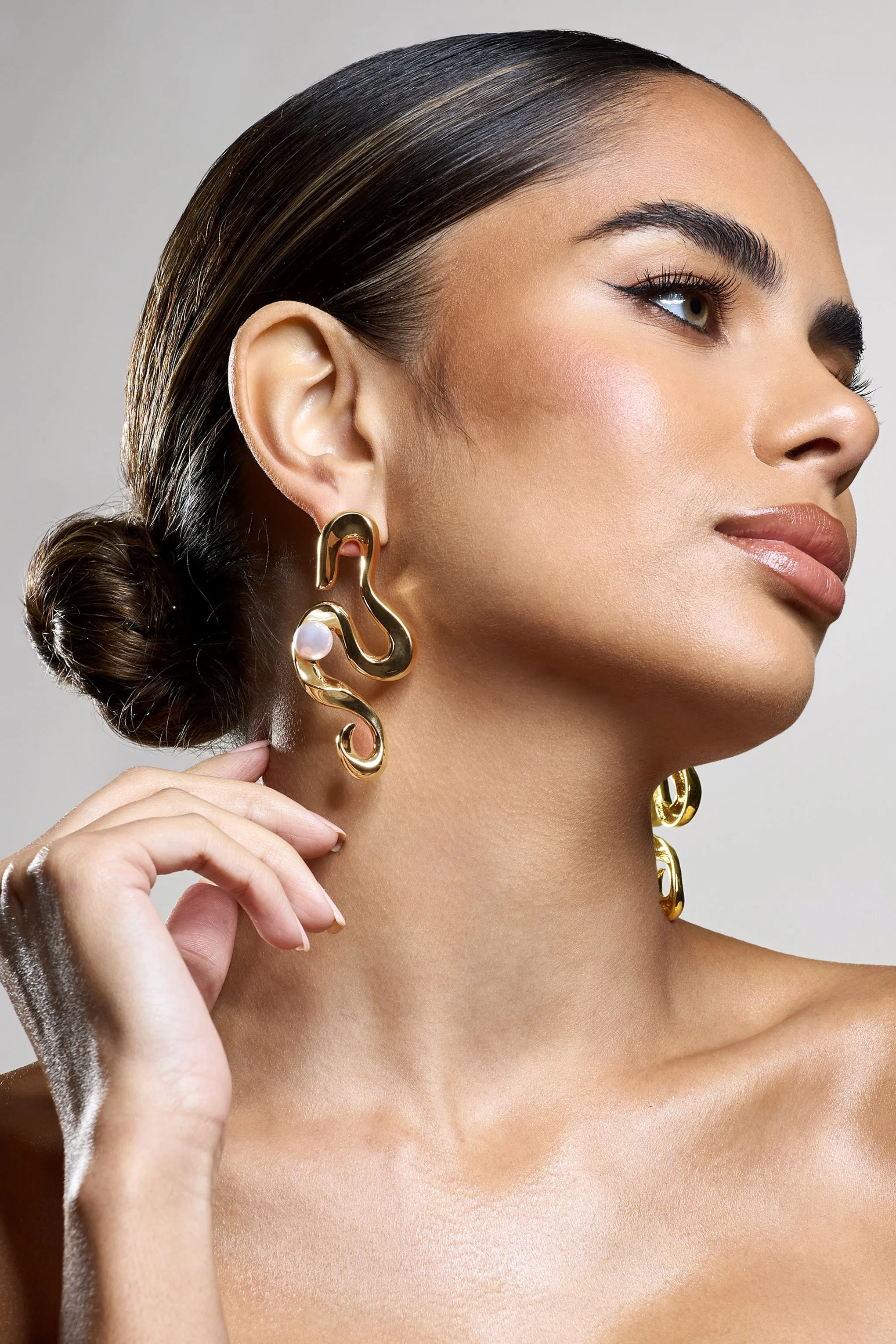 Rowan | Gold Twist Statement Pearl Earrings sold by Club L London product image thumbnail 4