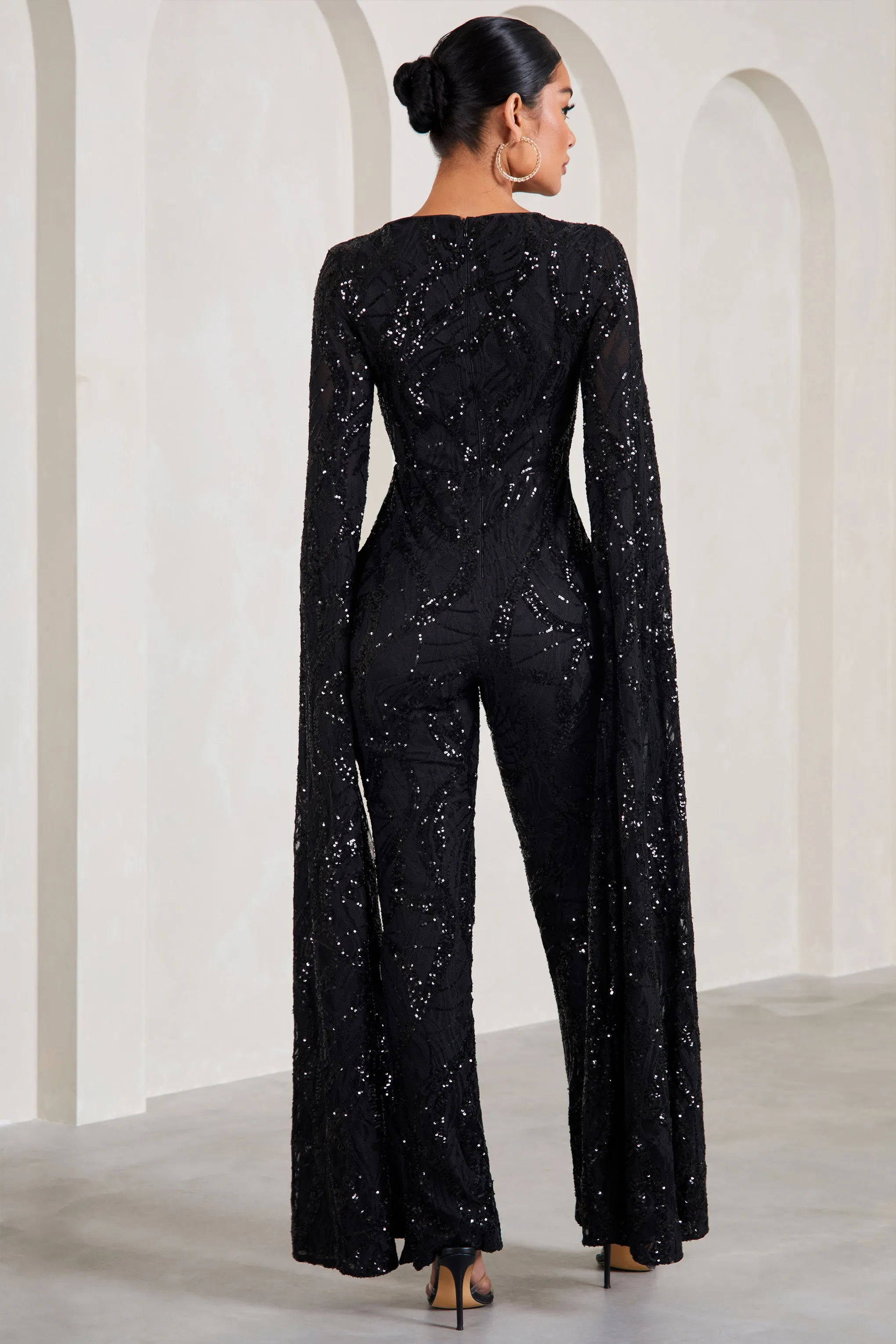 Cher | Black Sequin Lace Square-Neck Jumpsuit With Cape Sleeves sold by Club L London product image thumbnail 2