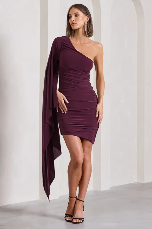 Palmer | Burgundy Ruched One-Shoulder Asymmetric Mini Dress With Cape Sleeve sold by Club L London