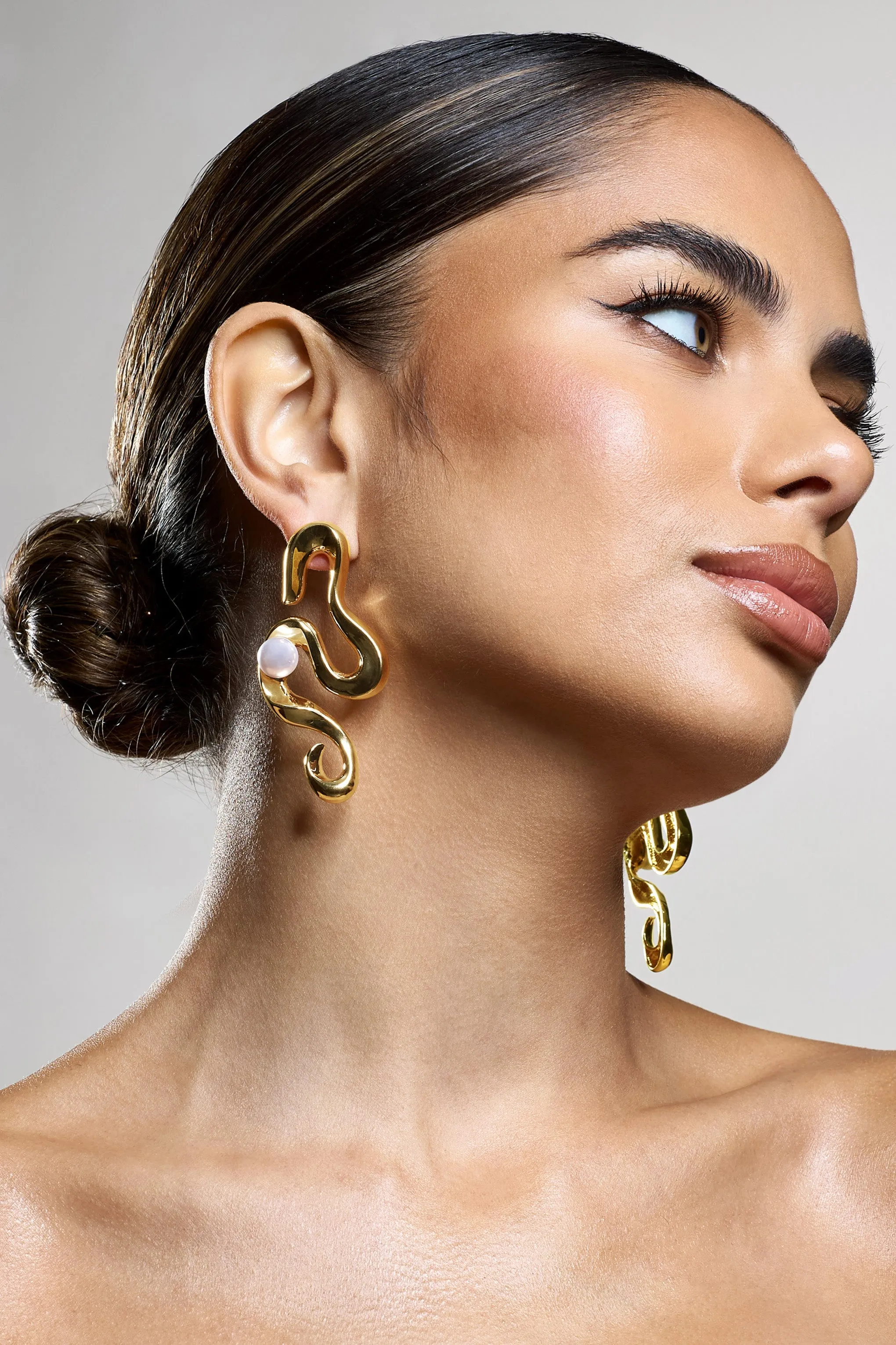 Rowan | Gold Twist Statement Pearl Earrings sold by Club L London product image thumbnail 2