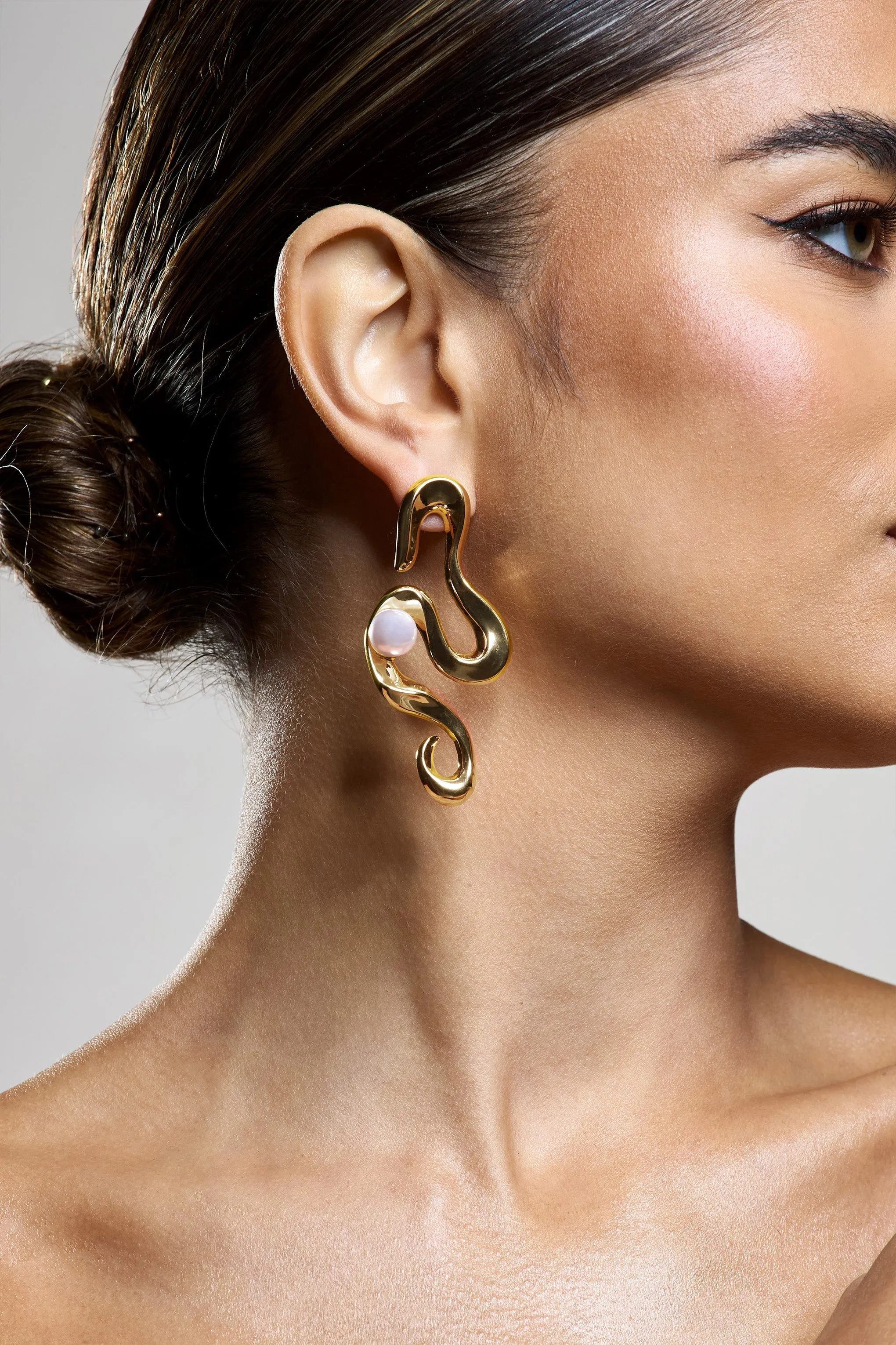Rowan | Gold Twist Statement Pearl Earrings sold by Club L London product image thumbnail 5