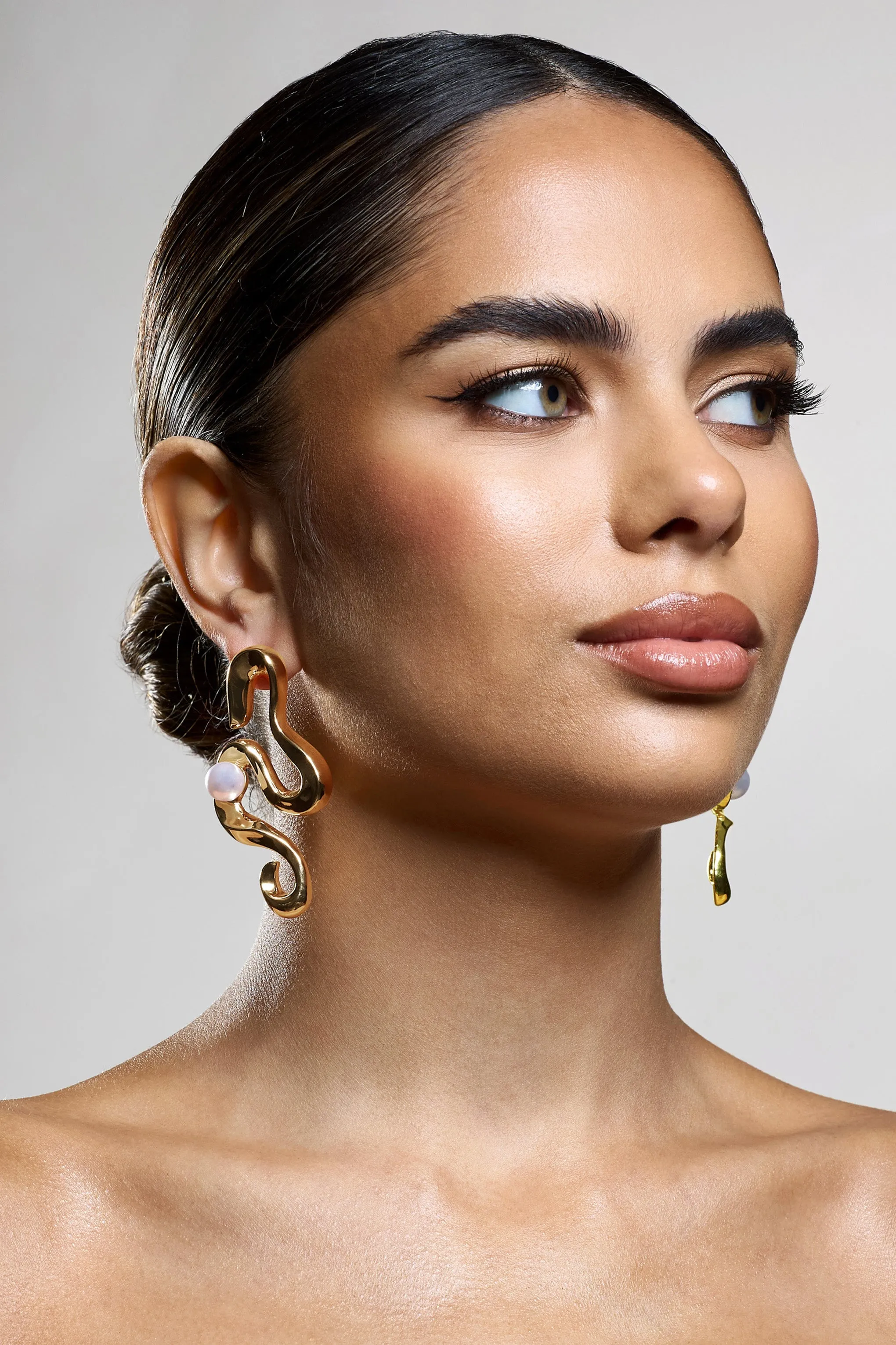 Rowan | Gold Twist Statement Pearl Earrings sold by Club L London product image thumbnail 3