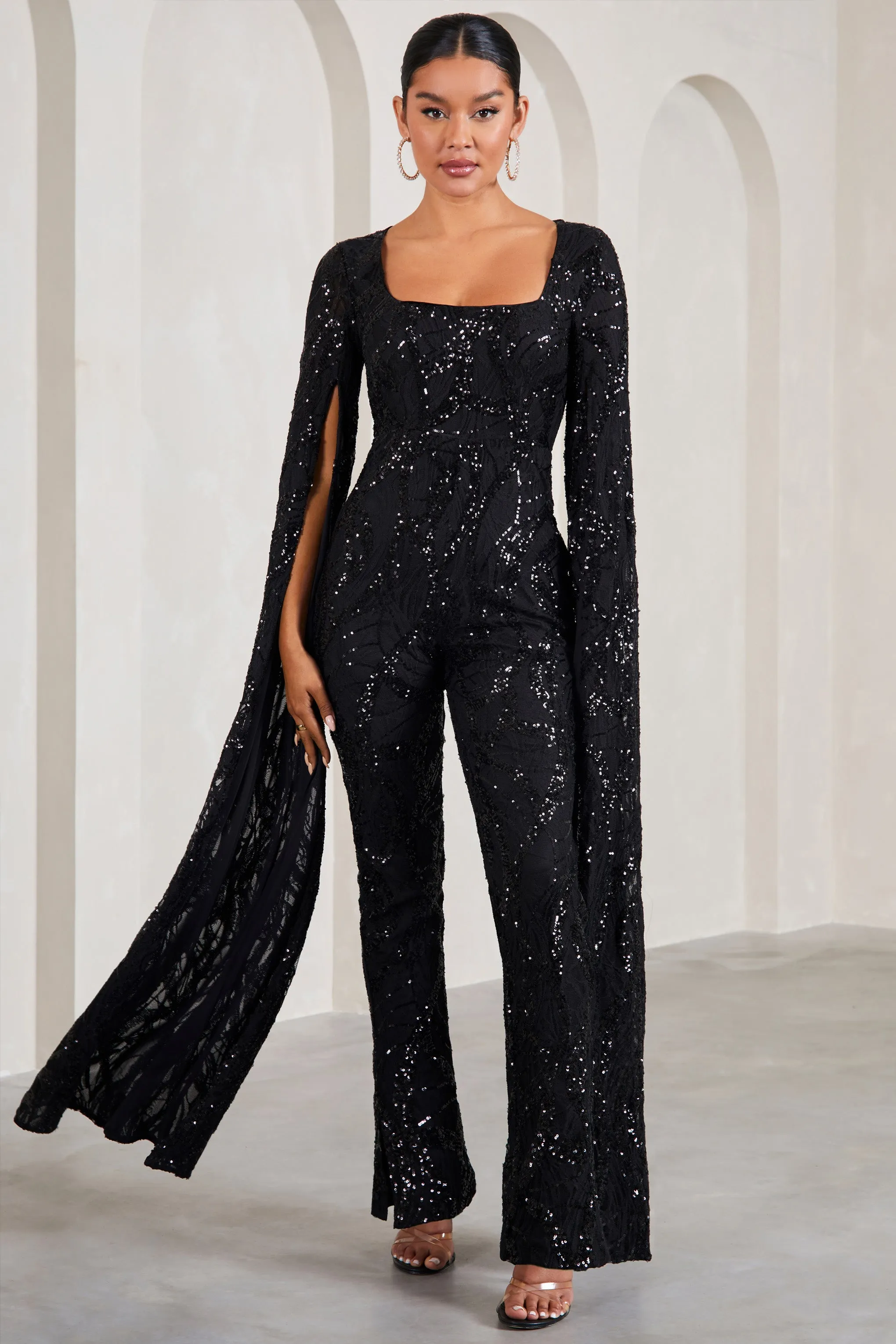 Cher | Black Sequin Lace Square-Neck Jumpsuit With Cape Sleeves sold by Club L London product image thumbnail 4