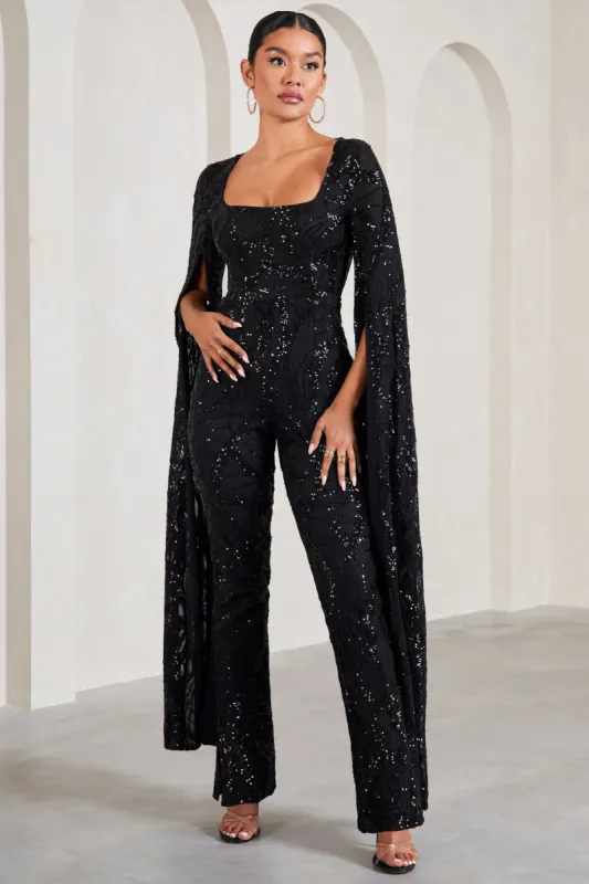Cher | Black Sequin Lace Square-Neck Jumpsuit With Cape Sleeves made by Club L London