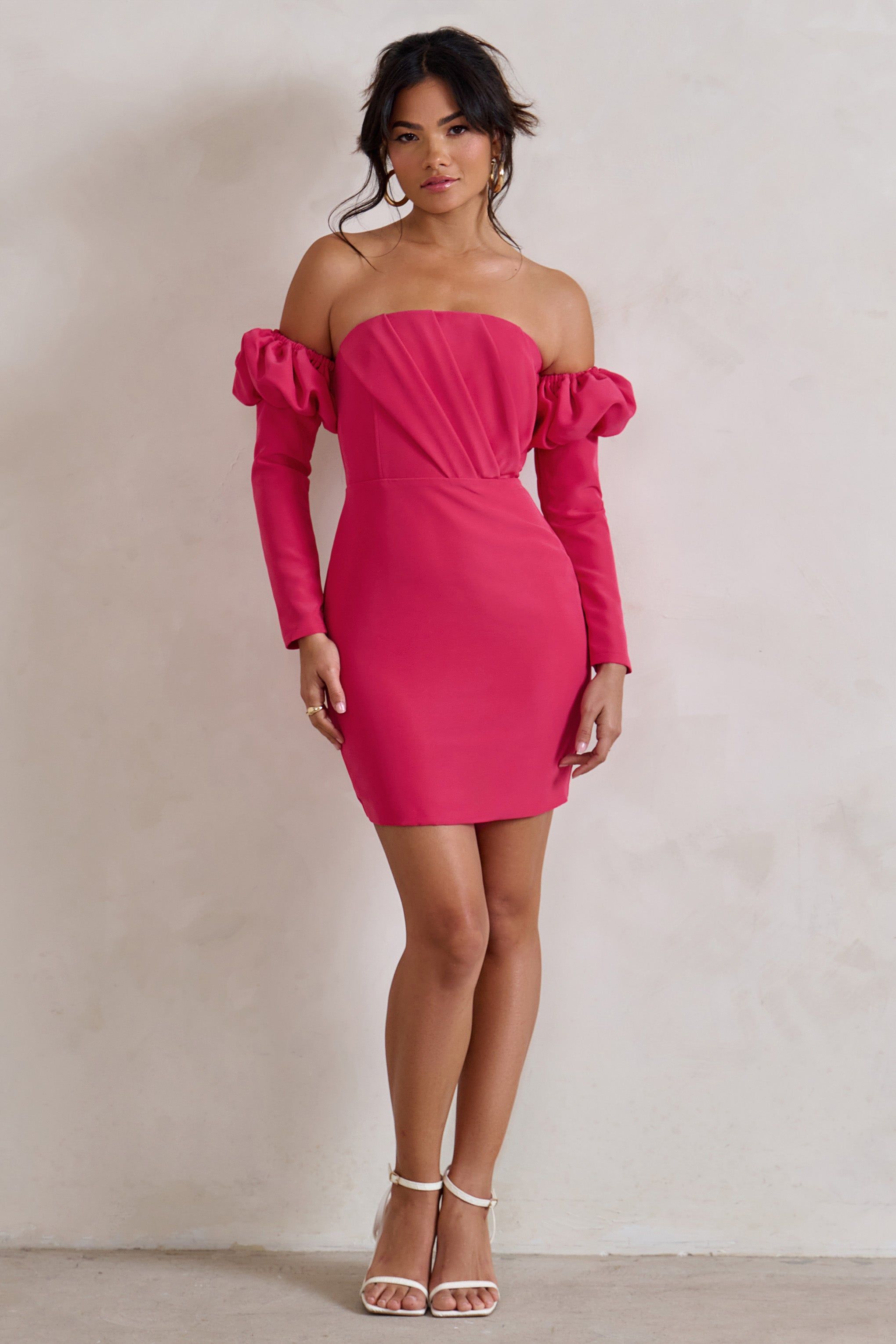 Laurie | Hot Pink Bardot Puff Long Sleeve Mini Dress sold by Club L London product image thumbnail 6