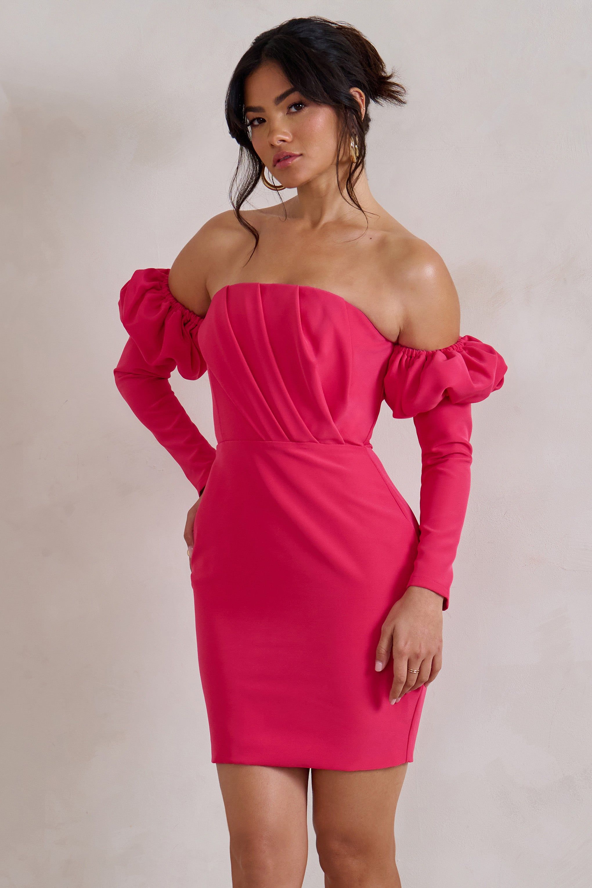 Laurie | Hot Pink Bardot Puff Long Sleeve Mini Dress sold by Club L London product image thumbnail 5