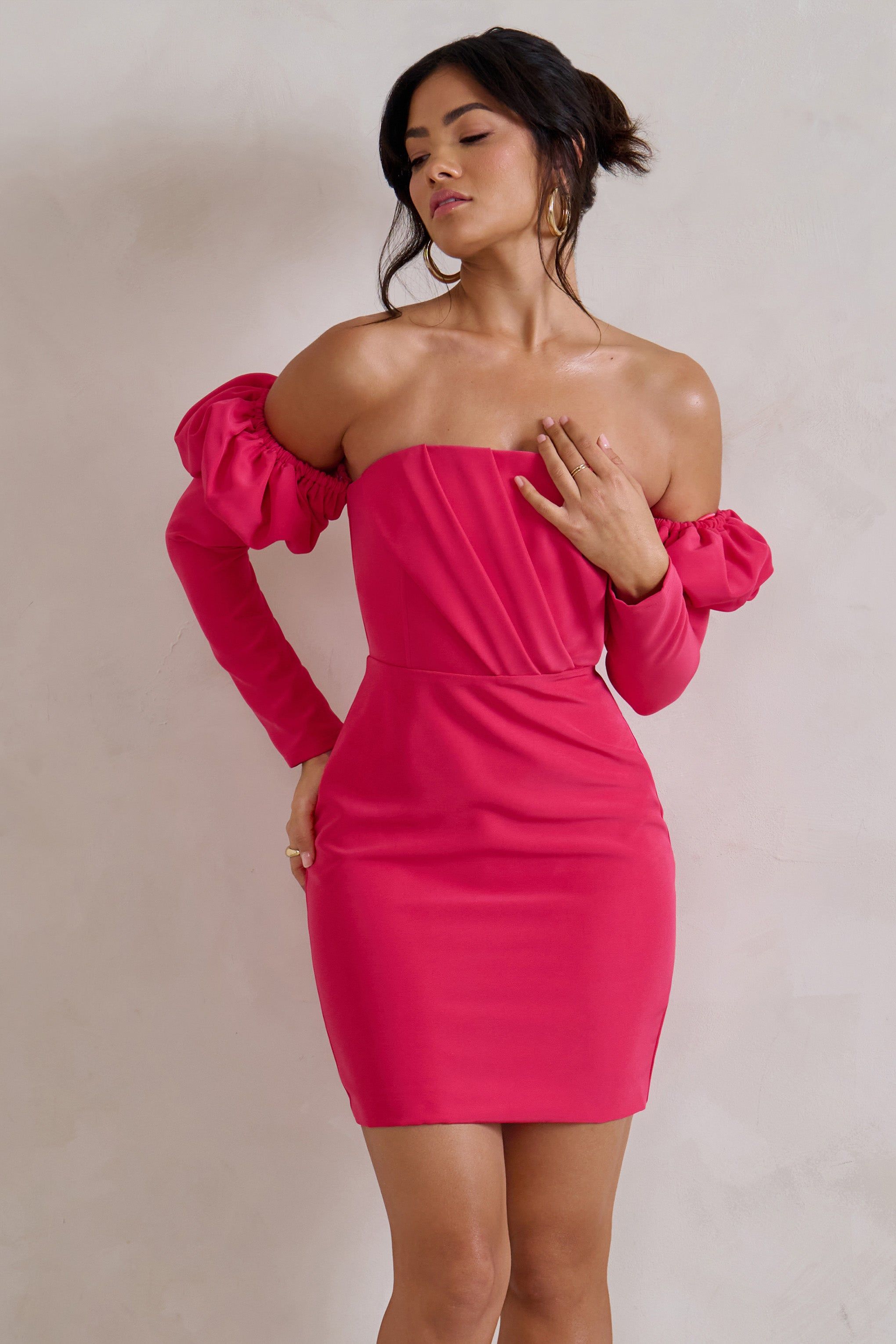 Laurie | Hot Pink Bardot Puff Long Sleeve Mini Dress sold by Club L London product image thumbnail 4