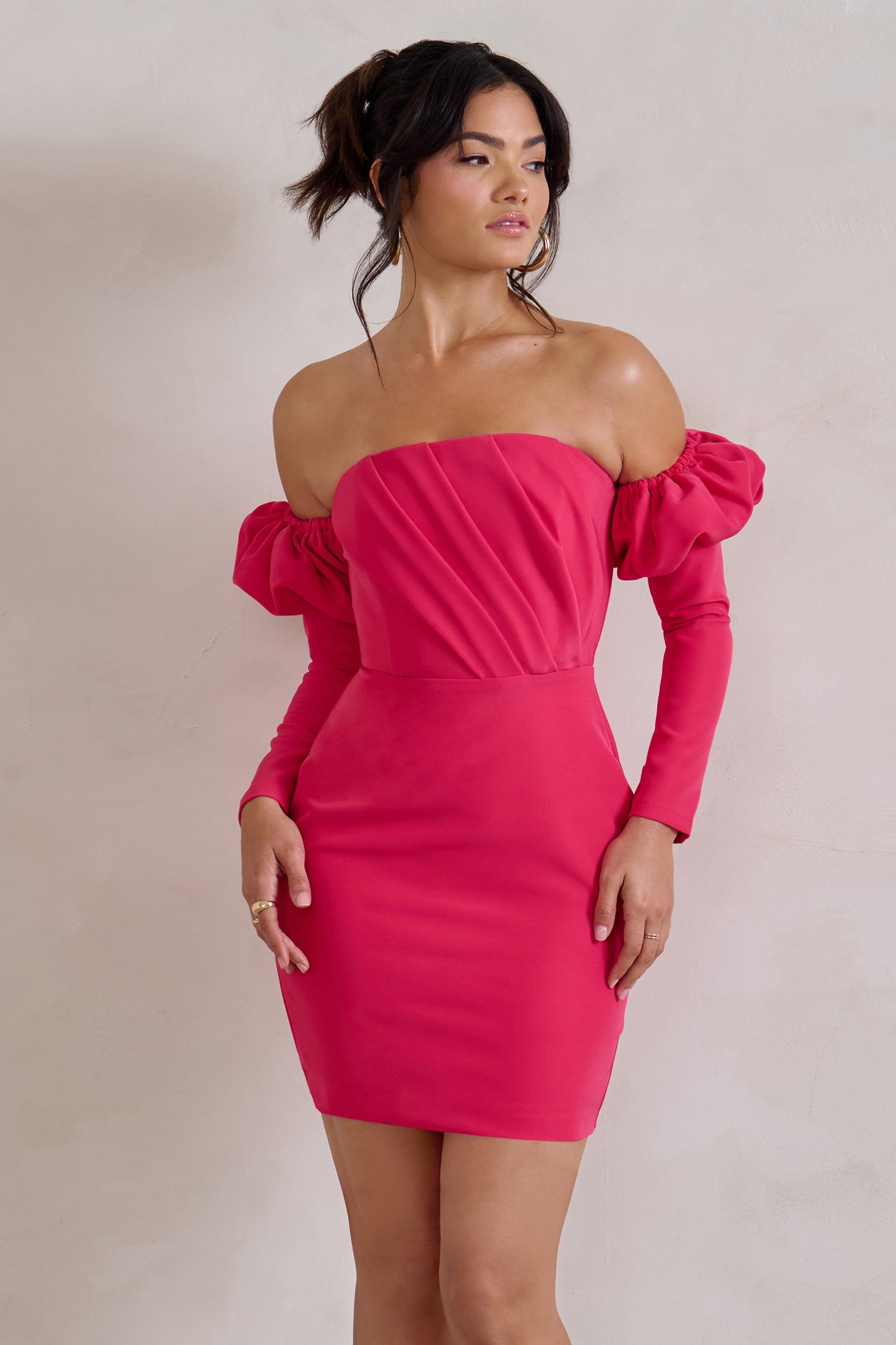 Laurie | Hot Pink Bardot Puff Long Sleeve Mini Dress sold by Club L London