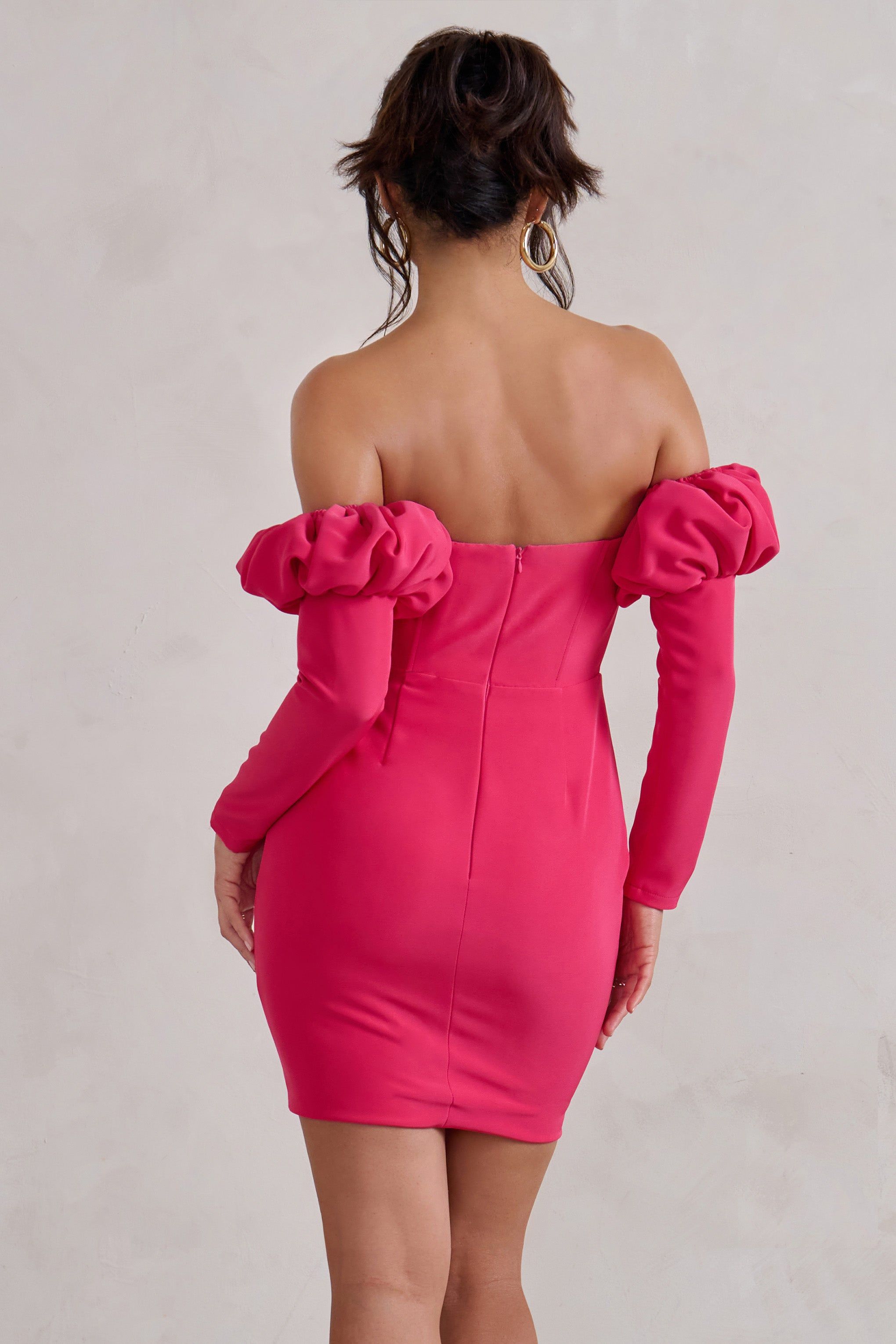 Laurie | Hot Pink Bardot Puff Long Sleeve Mini Dress sold by Club L London product image thumbnail 2