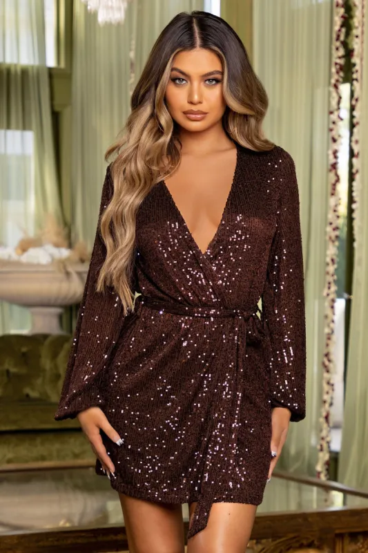 In Awe | Petite Brown Sequin Wrap Long Sleeve Belted Mini Dress sold by Club L London