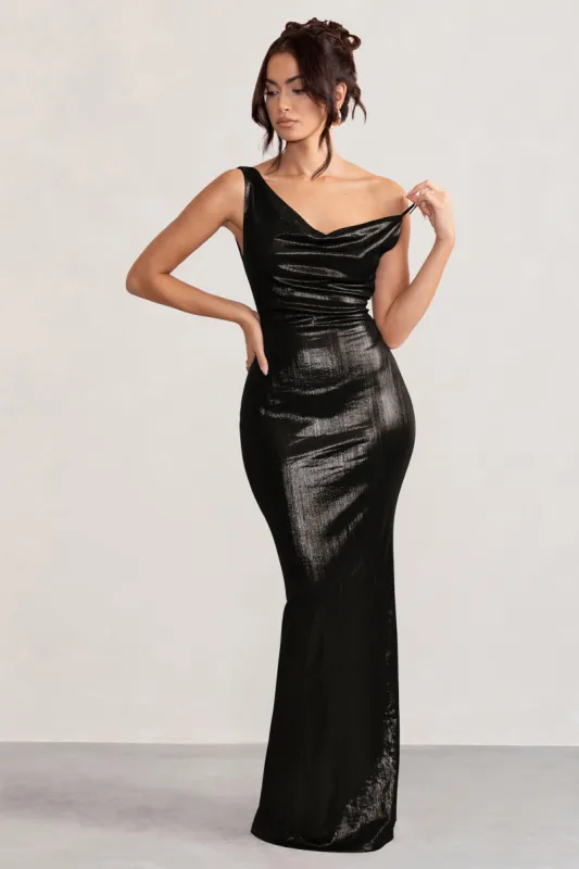 Galaxy Shimmer | Black Bias Cut Cowl Front Maxi Dress sold by Club L London