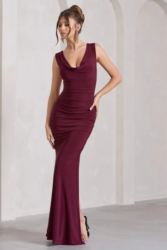 Lolita | Burgundy Ruched Cowl-Neck Sleeveless Maxi Dress sold by Club L London