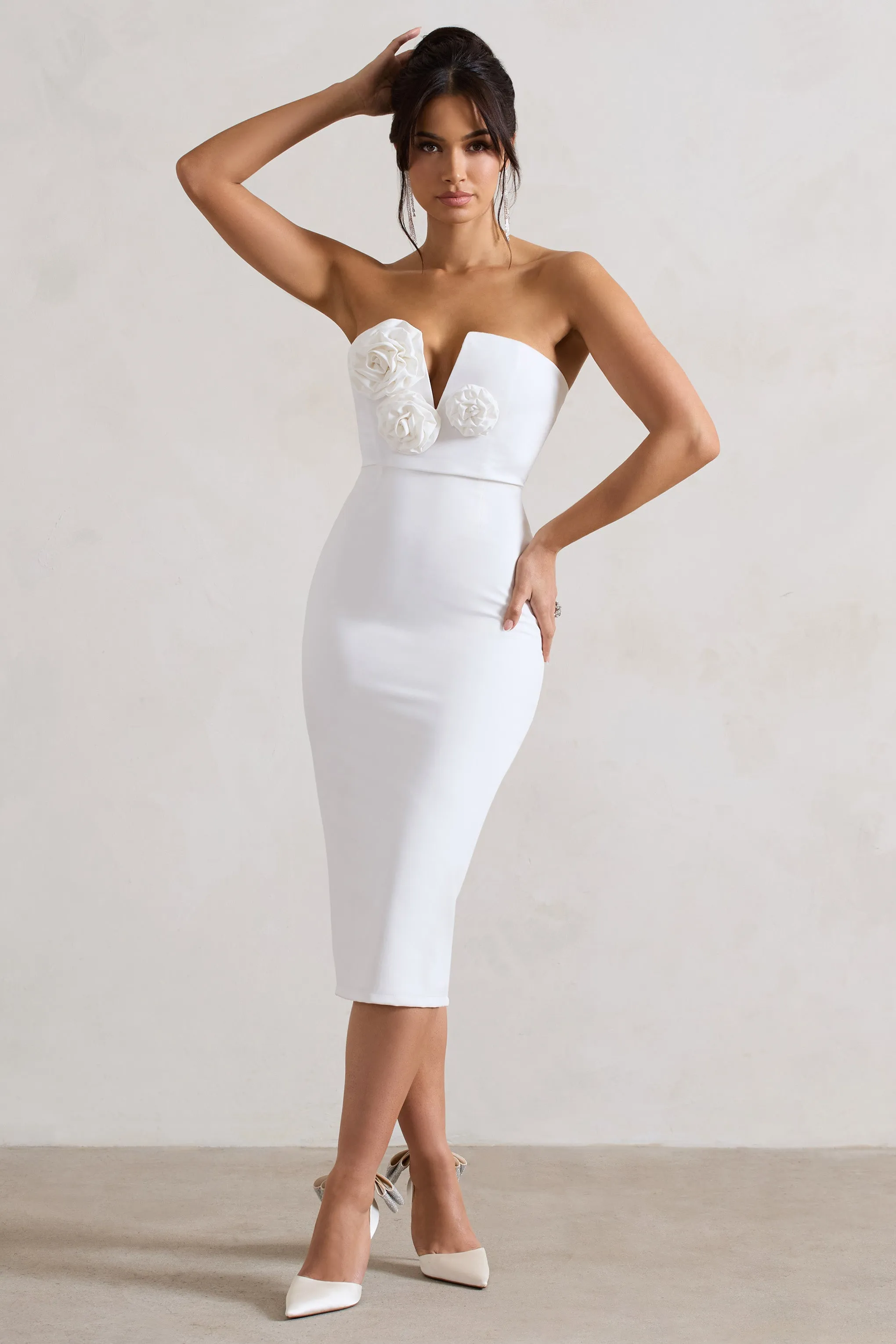 Fanciful | White Bodycon V-Neck Midi Dress With Flowers sold by Club L London product image thumbnail 4