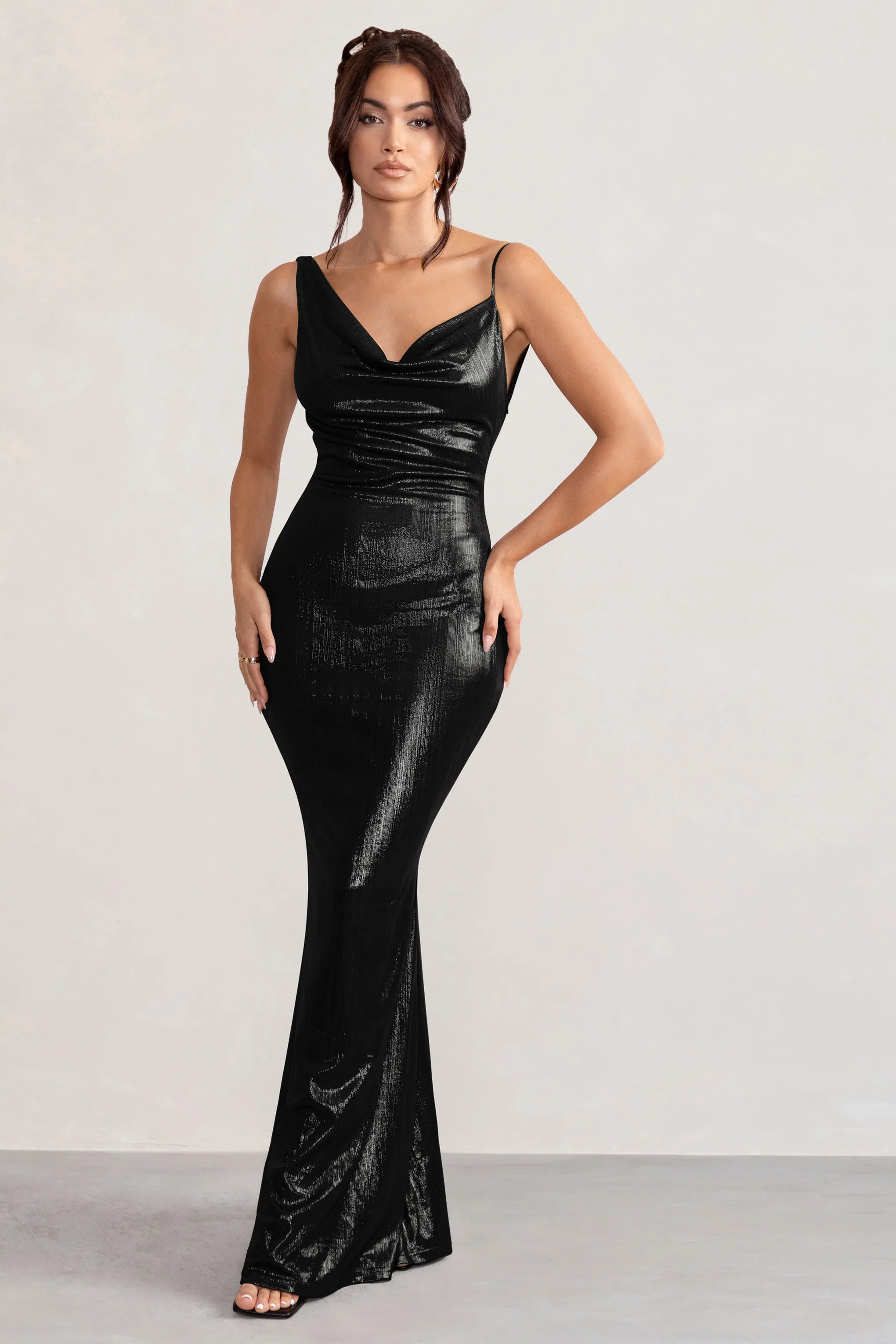 Galaxy Shimmer | Black Bias Cut Cowl Front Maxi Dress sold by Club L London product image thumbnail 4