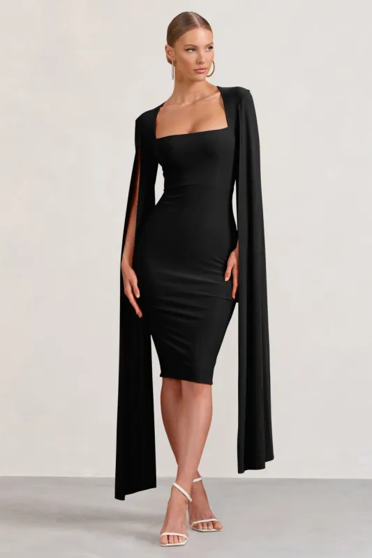 Flawless | Black Square Neck Midi Dress With Cape Sleeves sold by Club L London