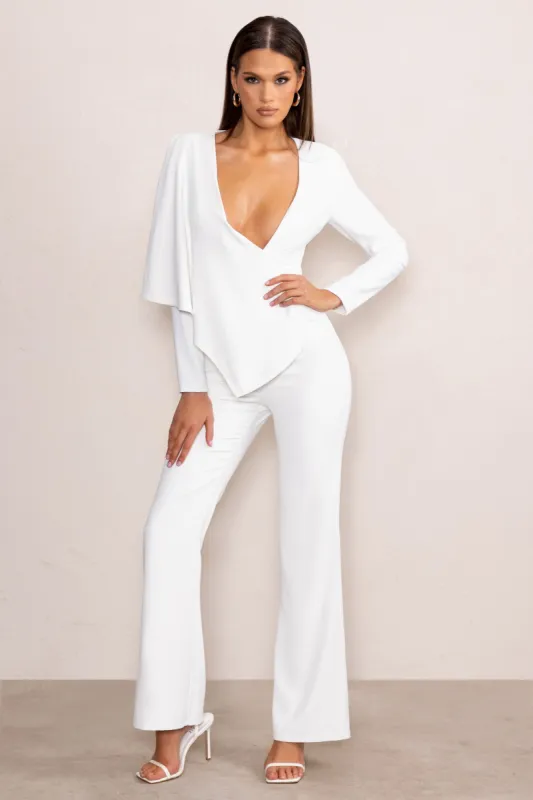 Erika | White Plunge Jumpsuit with One-Shoulder Cape Overlay sold by Club L London
