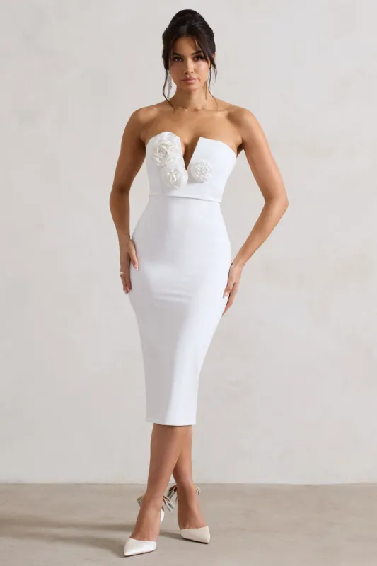 Fanciful | White Bodycon V-Neck Midi Dress With Flowers sold by Club L London