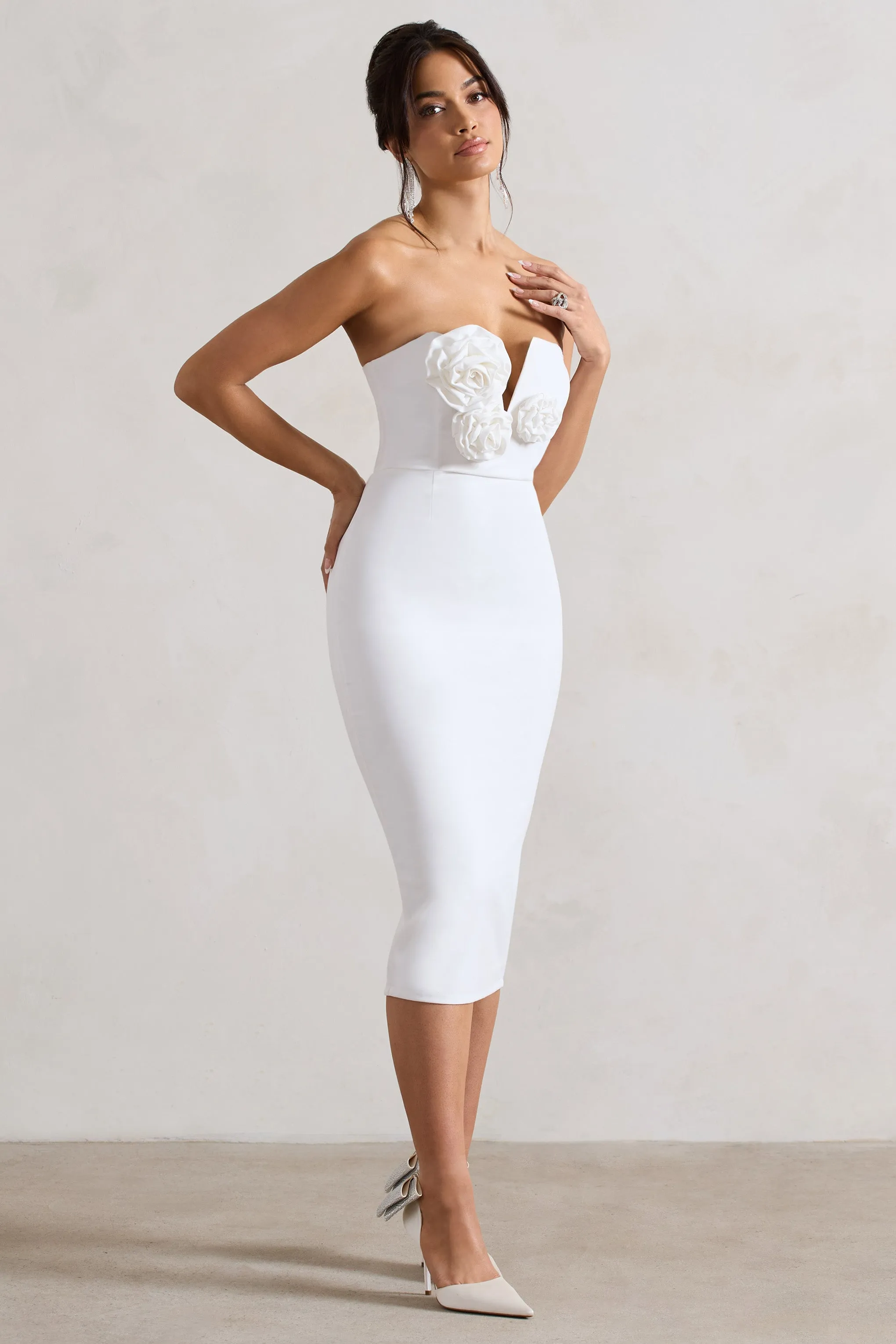 Fanciful | White Bodycon V-Neck Midi Dress With Flowers sold by Club L London product image thumbnail 5