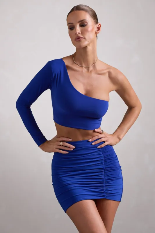 Step Up | Cobalt Blue Long Sleeve One Shoulder Crop Top sold by Club L London