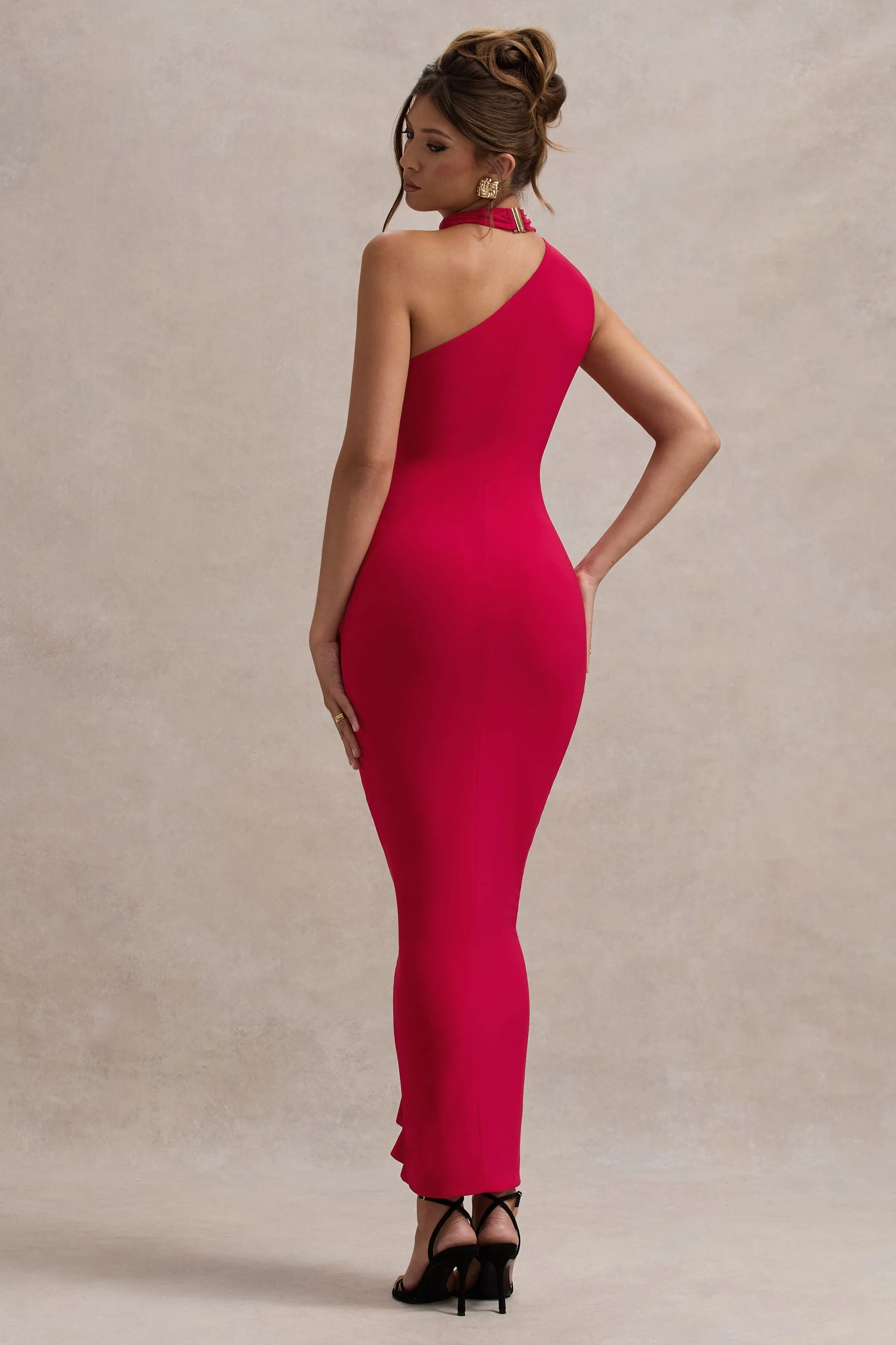 Nevaeh | Red Asymmetric High-Neck Ruffle Split Maxi Dress sold by Club L London product image thumbnail 2