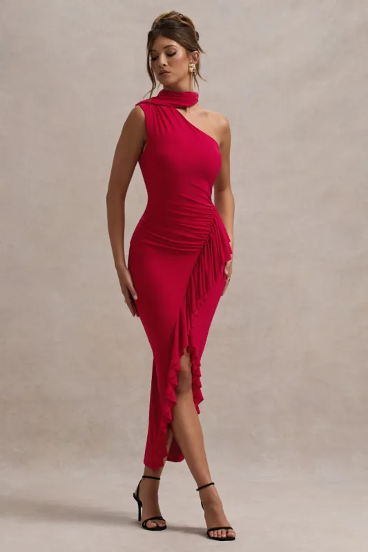 Nevaeh | Red Asymmetric High-Neck Ruffle Split Maxi Dress made by Club L London