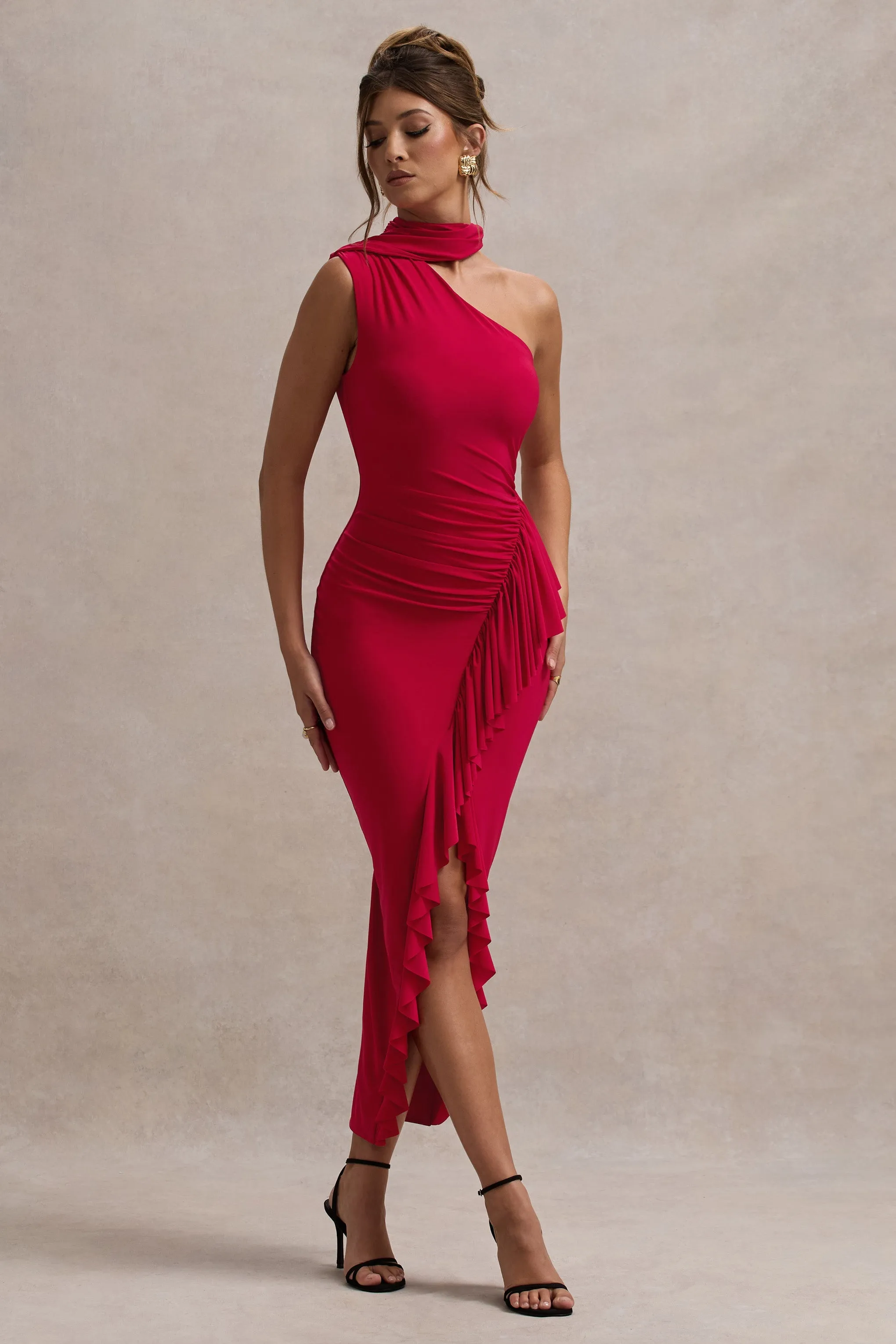 Nevaeh | Red Asymmetric High-Neck Ruffle Split Maxi Dress sold by Club L London