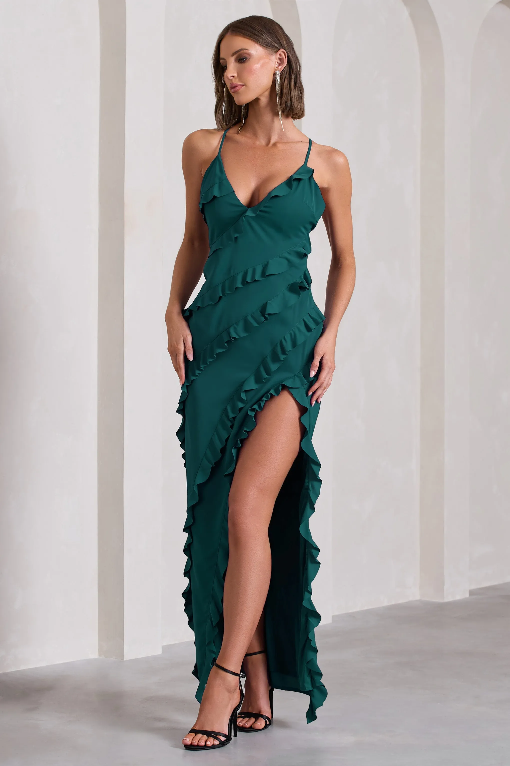 Run The World | Bottle Green Sweetheart Neckline Ruffle Maxi Dress sold by Club L London product image thumbnail 2