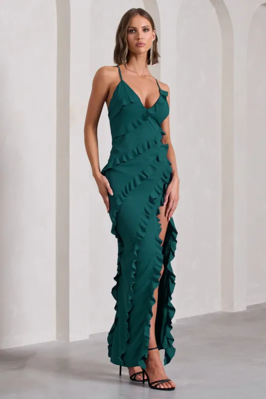 Run The World | Bottle Green Sweetheart Neckline Ruffle Maxi Dress sold by Club L London