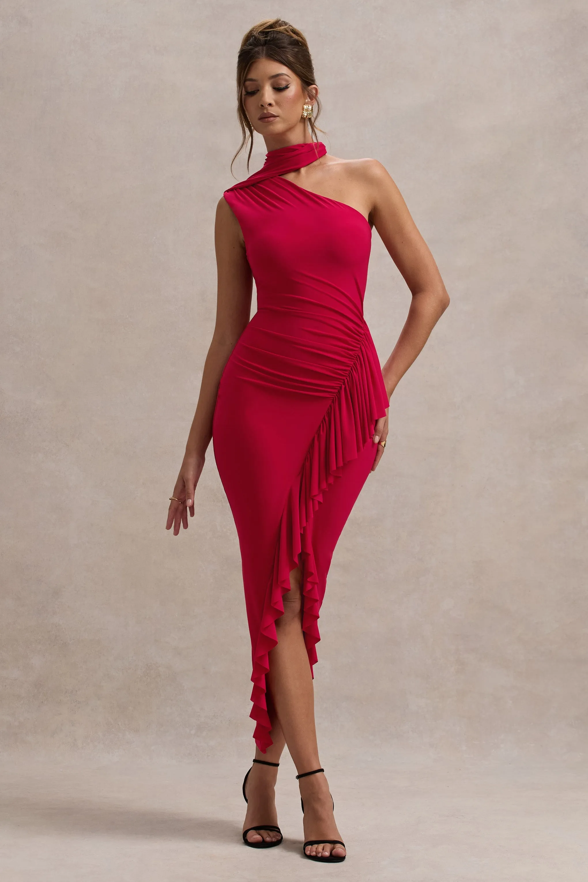 Nevaeh | Red Asymmetric High-Neck Ruffle Split Maxi Dress sold by Club L London product image thumbnail 5