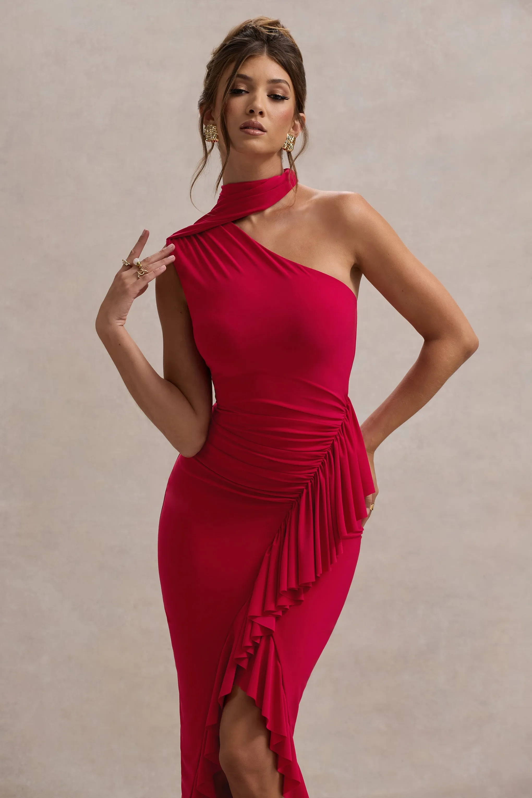 Nevaeh | Red Asymmetric High-Neck Ruffle Split Maxi Dress sold by Club L London product image thumbnail 3
