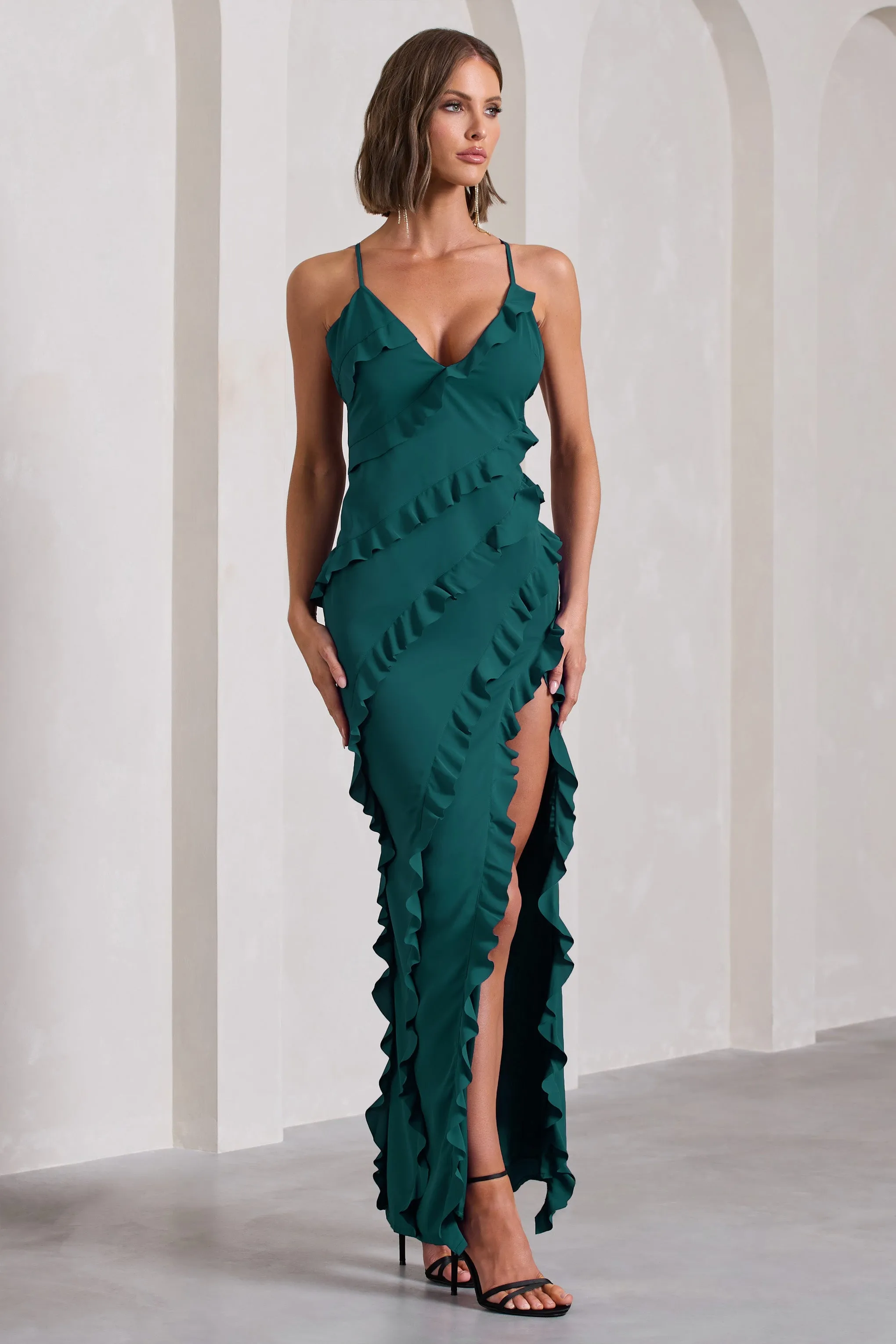Run The World | Bottle Green Sweetheart Neckline Ruffle Maxi Dress sold by Club L London product image thumbnail 5