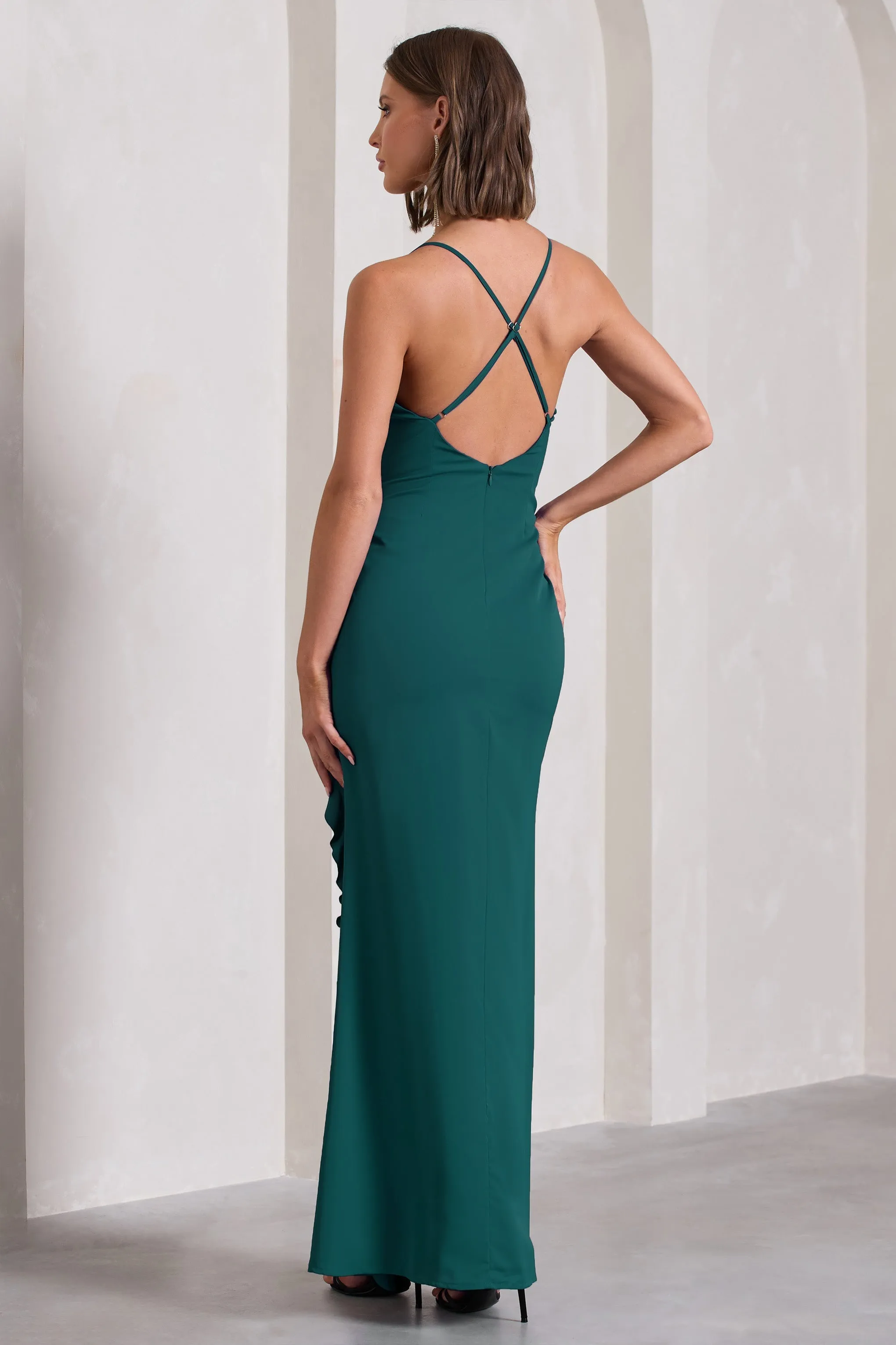 Run The World | Bottle Green Sweetheart Neckline Ruffle Maxi Dress sold by Club L London product image thumbnail 3