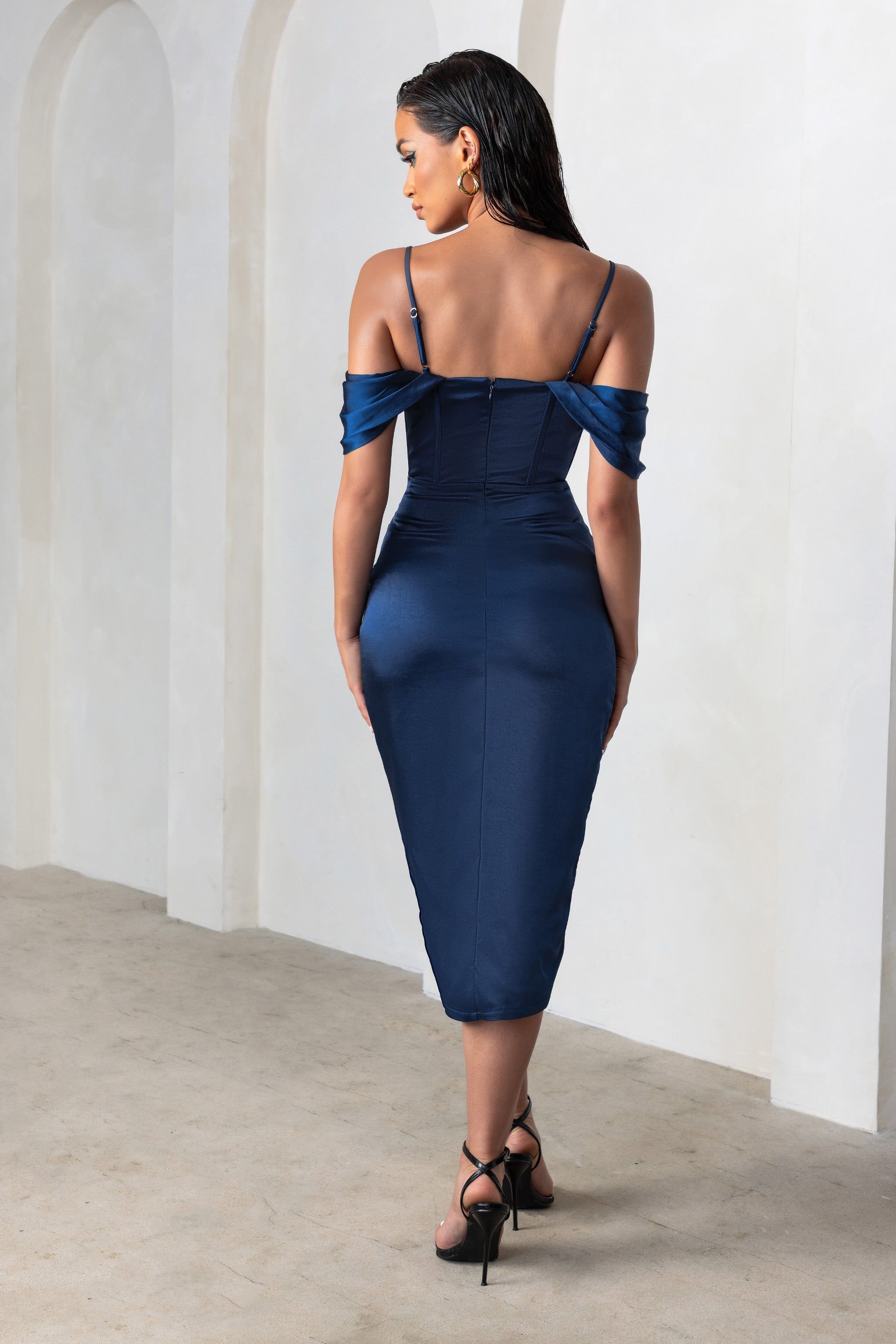 Deserving | Navy Satin Bardot Sleeve Corset Wrap Midi Dress sold by Club L London product image thumbnail 2