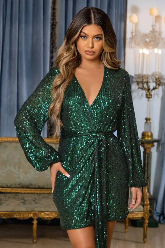 In Awe | Petite Bottle Green Sequin Wrap Long Sleeve Belted Mini Dress sold by Club L London