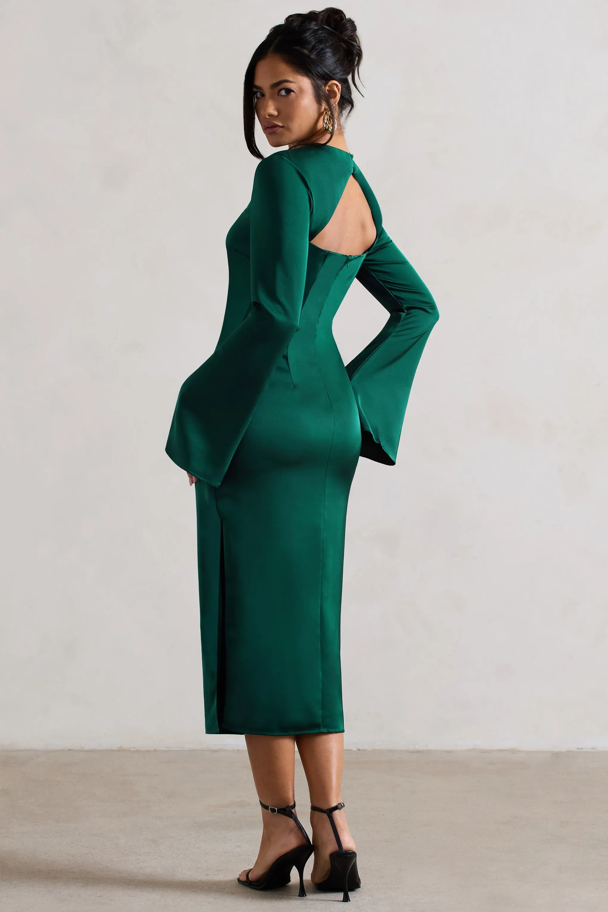 Zaina | Bottle Green Long Sleeve Midi Dress with High Neckline sold by Club L London product image thumbnail 2