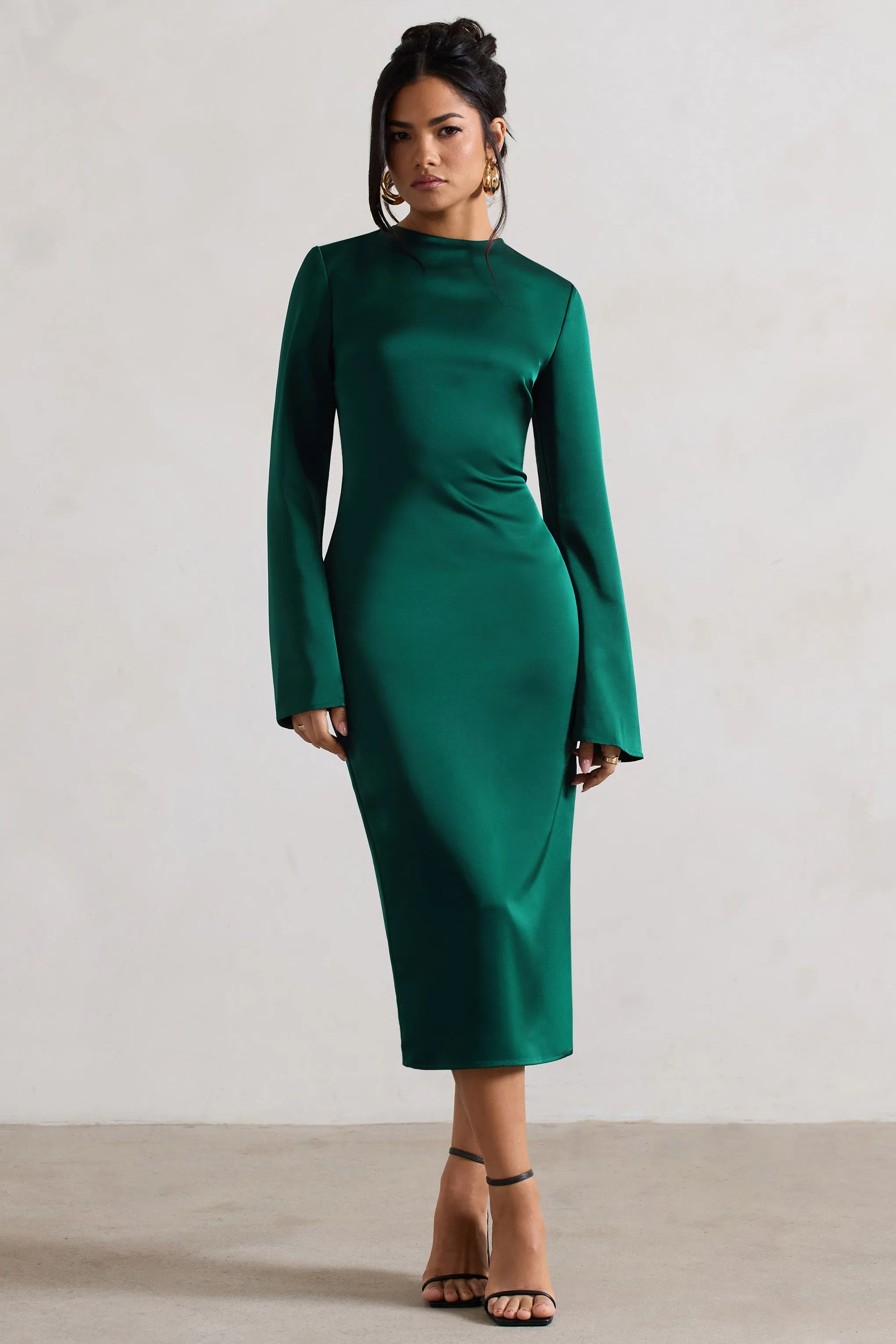 Zaina | Bottle Green Long Sleeve Midi Dress with High Neckline sold by Club L London
