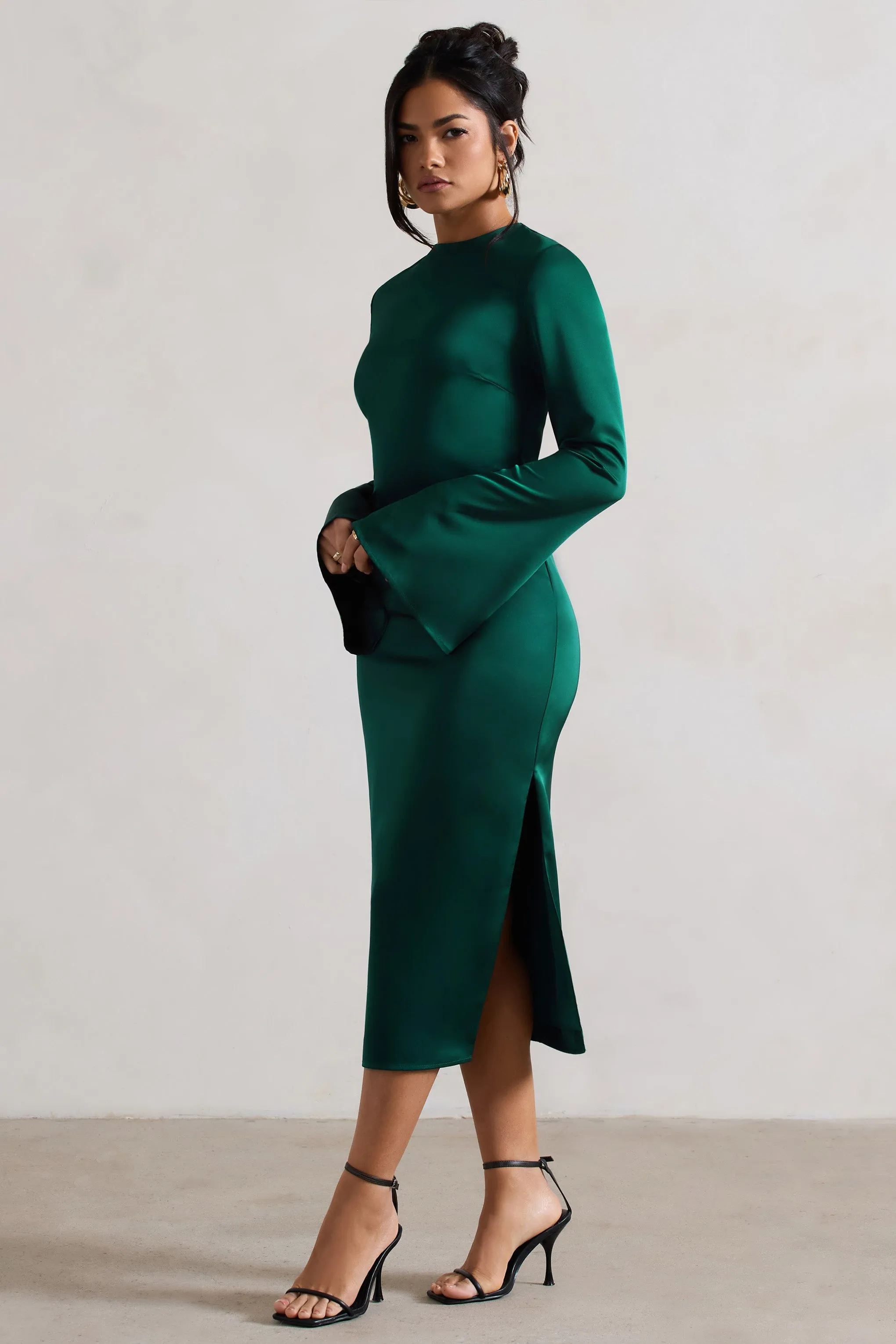 Zaina | Bottle Green Long Sleeve Midi Dress with High Neckline sold by Club L London product image thumbnail 5