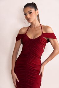 Dulcie | Burgundy Halter Neck Cut Out Ruched Midi Dress sold by Club L London