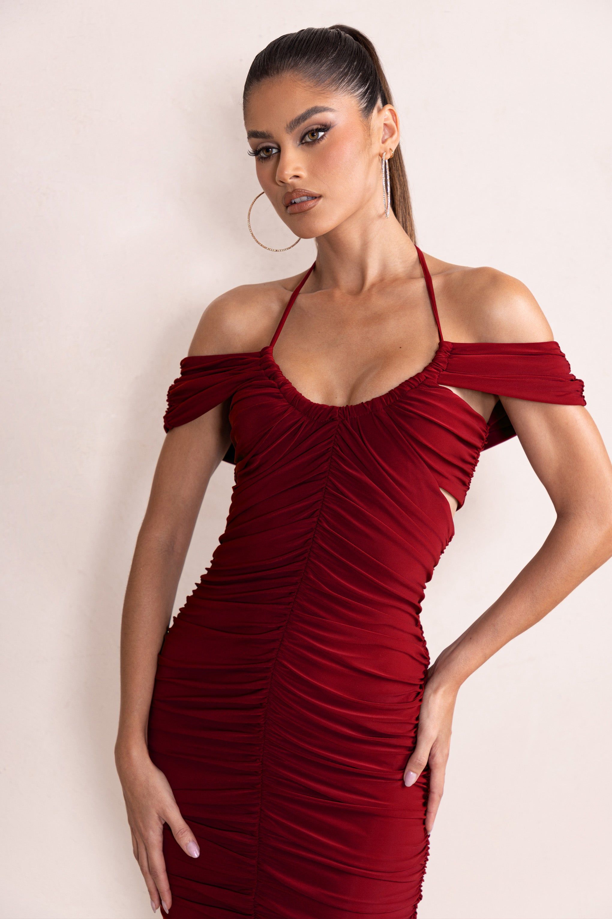 Dulcie | Burgundy Halter Neck Cut Out Ruched Midi Dress sold by Club L London product image thumbnail 3