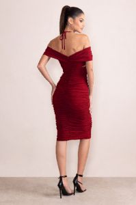 Dulcie | Burgundy Halter Neck Cut Out Ruched Midi Dress sold by Club L London