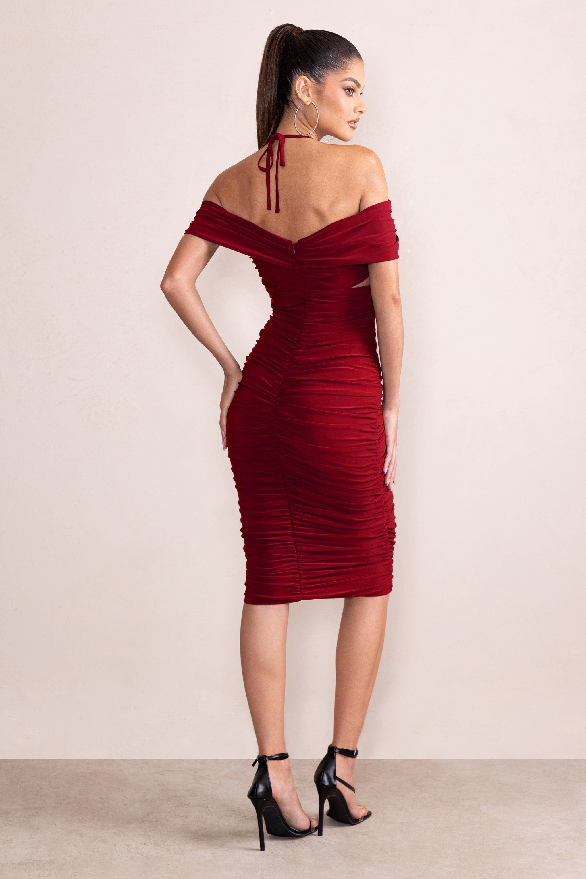 Dulcie | Burgundy Halter Neck Cut Out Ruched Midi Dress sold by Club L London product image thumbnail 2