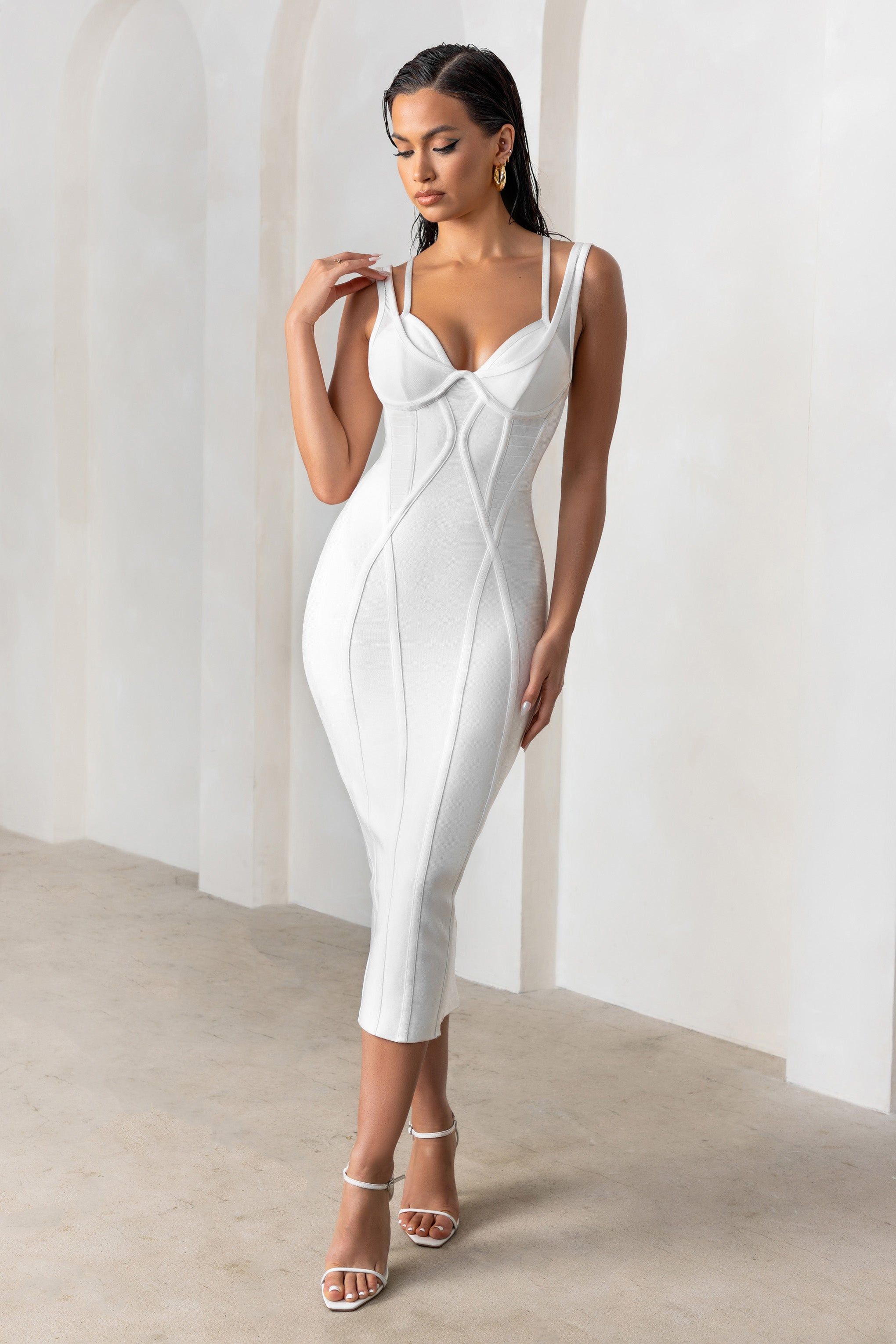 Just For Me | White Bandage Sweetheart Neckline Bodycon Midi Dress sold by Club L London